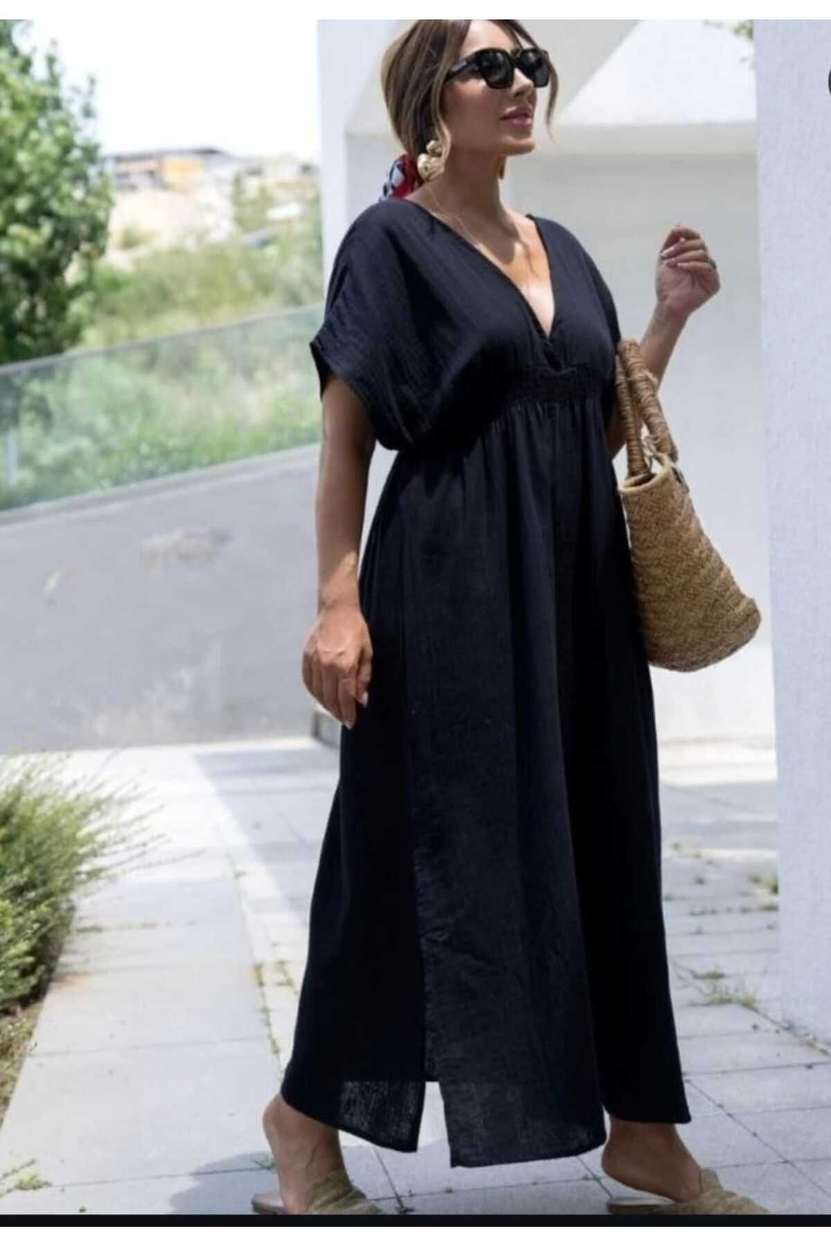 buketli collection Siyah müslin yazlık bel lastikli yandan yırtmaçlı maksi elbise