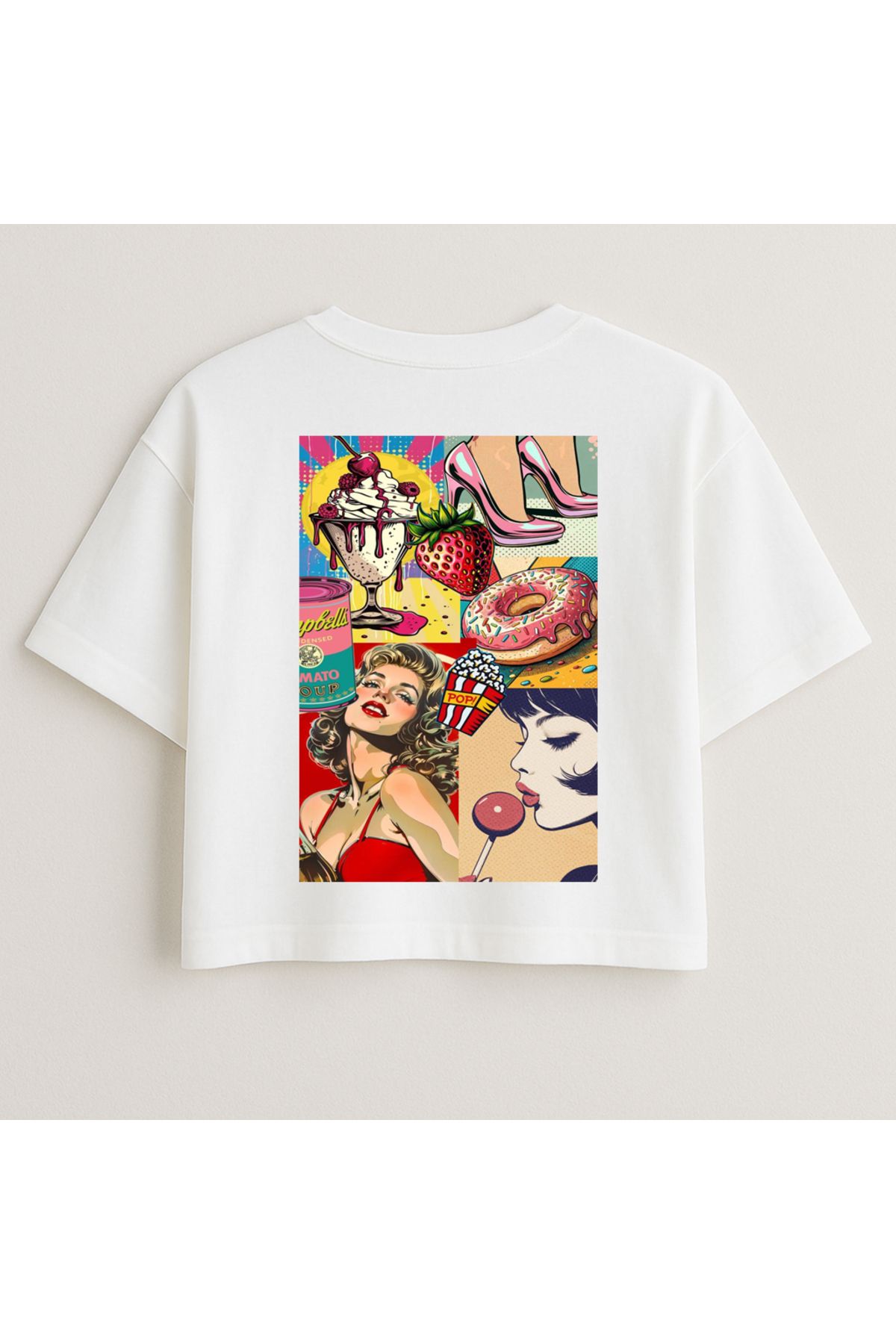 Minou Wear Renkli Kolaj Baskılı Özel Tasarım Crop Oversize Beyaz Kadın Tshirt