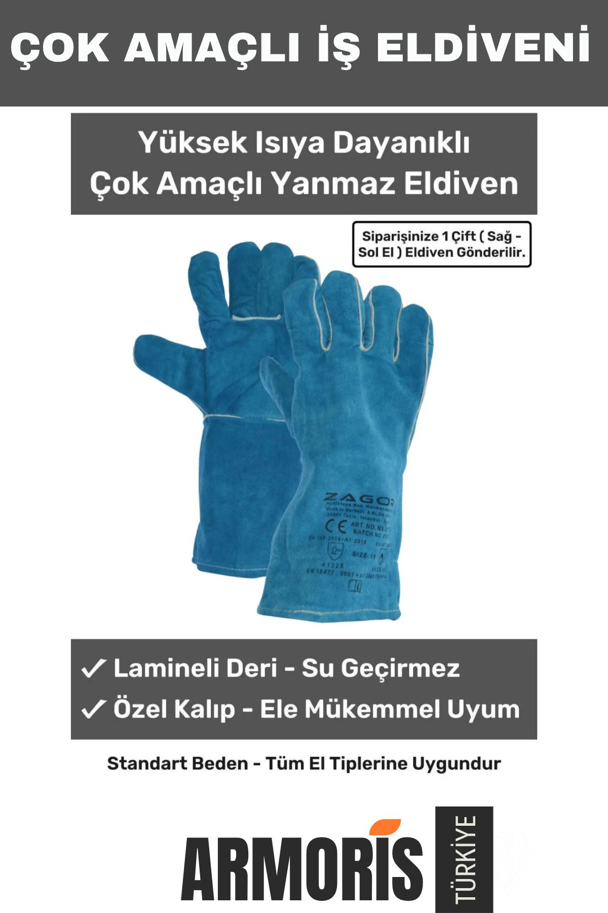 Armoris Yeni Nesil Yanmaz Yüksek Isıya Sıcaklığa Dayanıklı Kaynak Yangın Su Geçirmez Çok Amaçlı Deri Eldiven