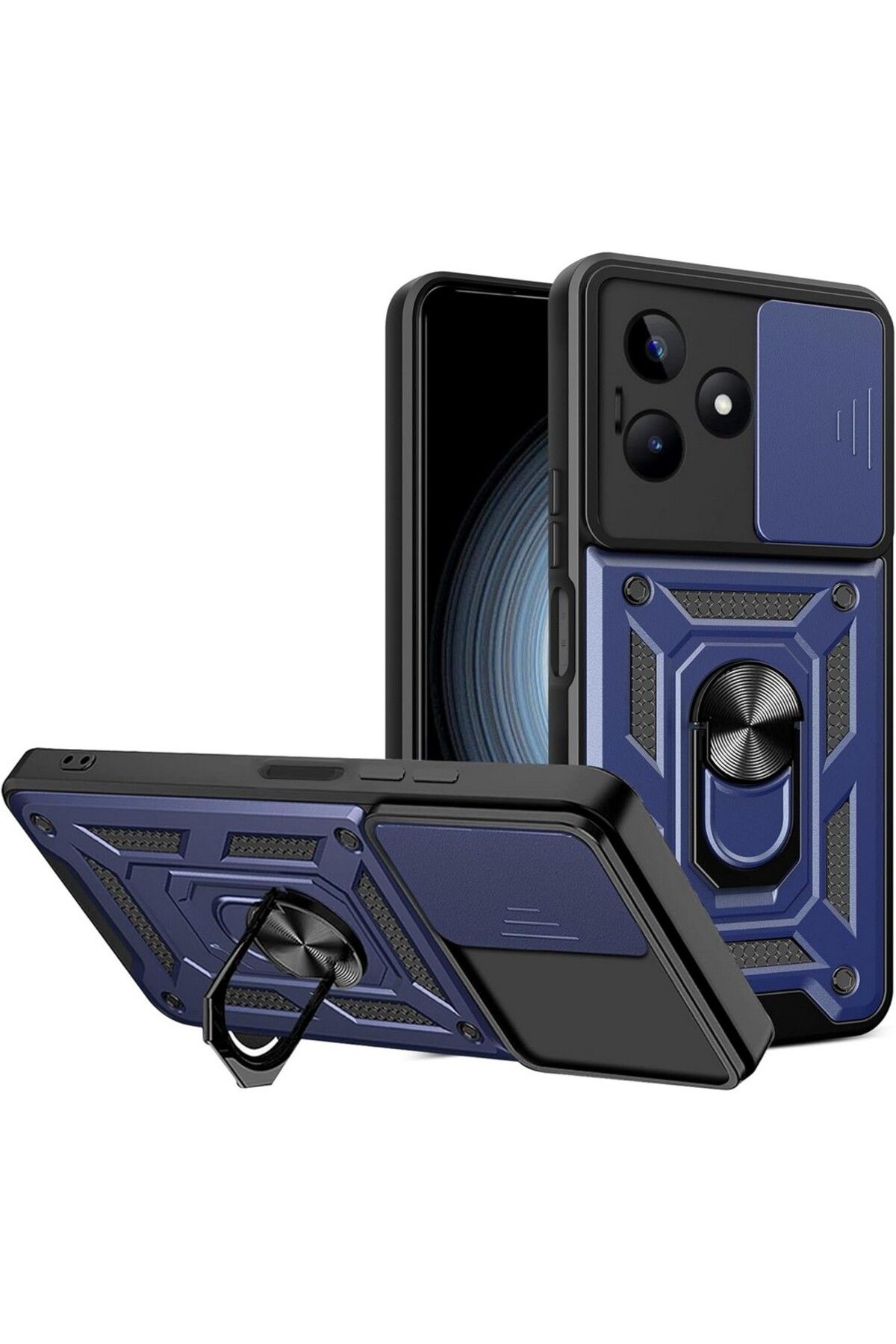 Gpack Realme C63 uyumlu Kılıf Pars Sürgülü Kamera Korumalı Yüzüklü Sert Silikon Lacivert