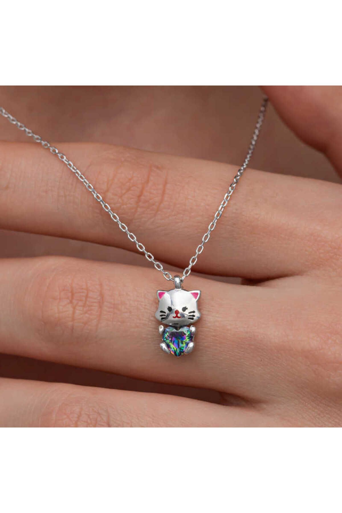 SERRA JEWELS Gümüş Mistik Topaz Taşlı Sevimli Kedi Kolye