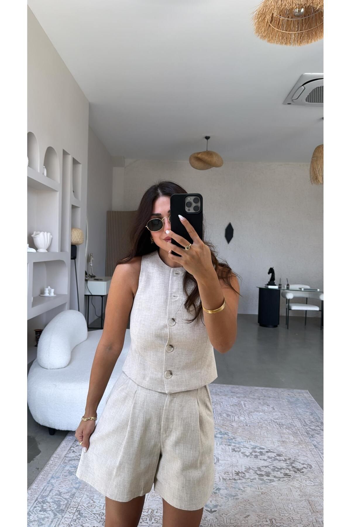 Buket Teke Bej Ham Keten Premium Yelek Şort Takım