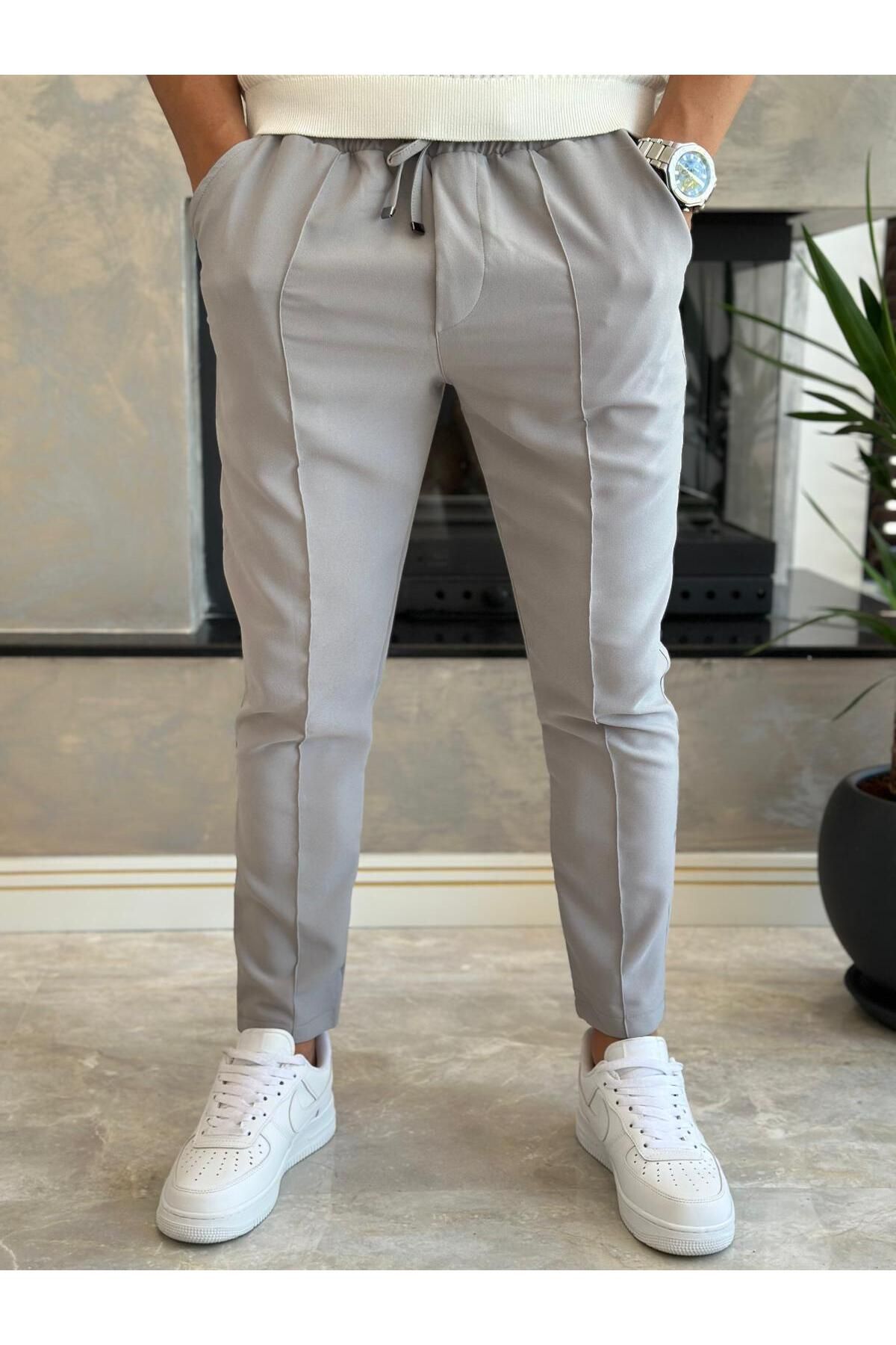 ECARTS Erkek Beli Bağcıklı Slim Fit Pantolon Gri Eca012