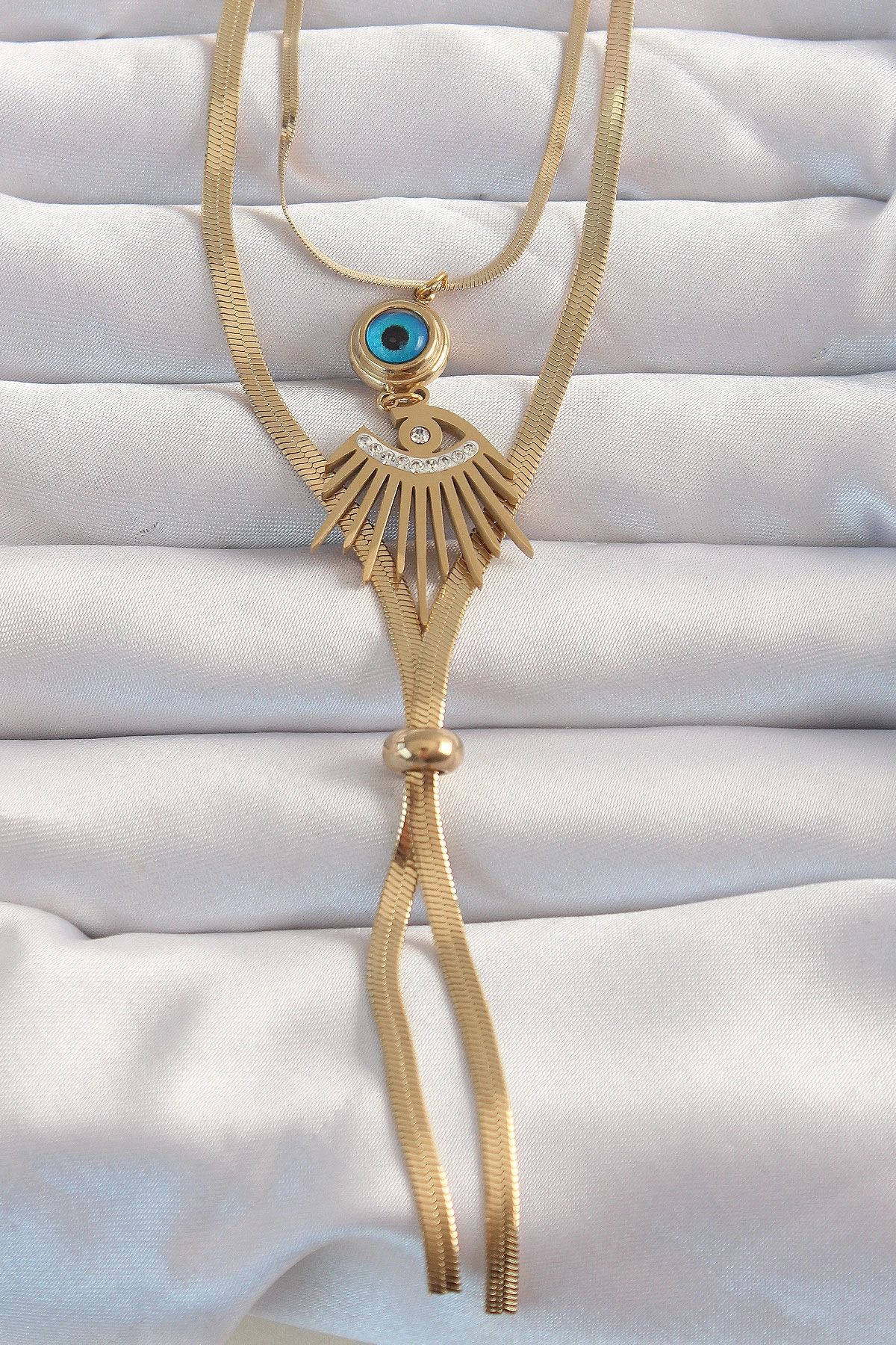 shopwave 316L Çelik Gold Renk Zirkon Taşlı Göz Detay Nazarlı Uzun Asansör Model Kolye - TJ-BKO8962