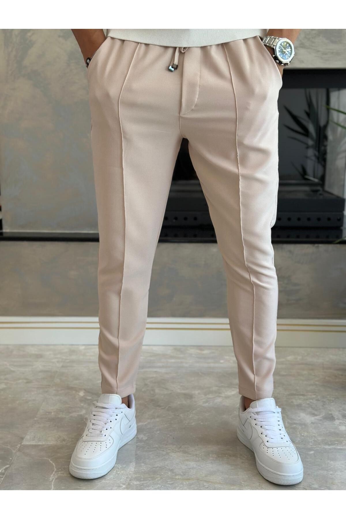 ECARTS Erkek Beli Bağcıklı Slim Fit Pantolon Pudra Pembe Eca012