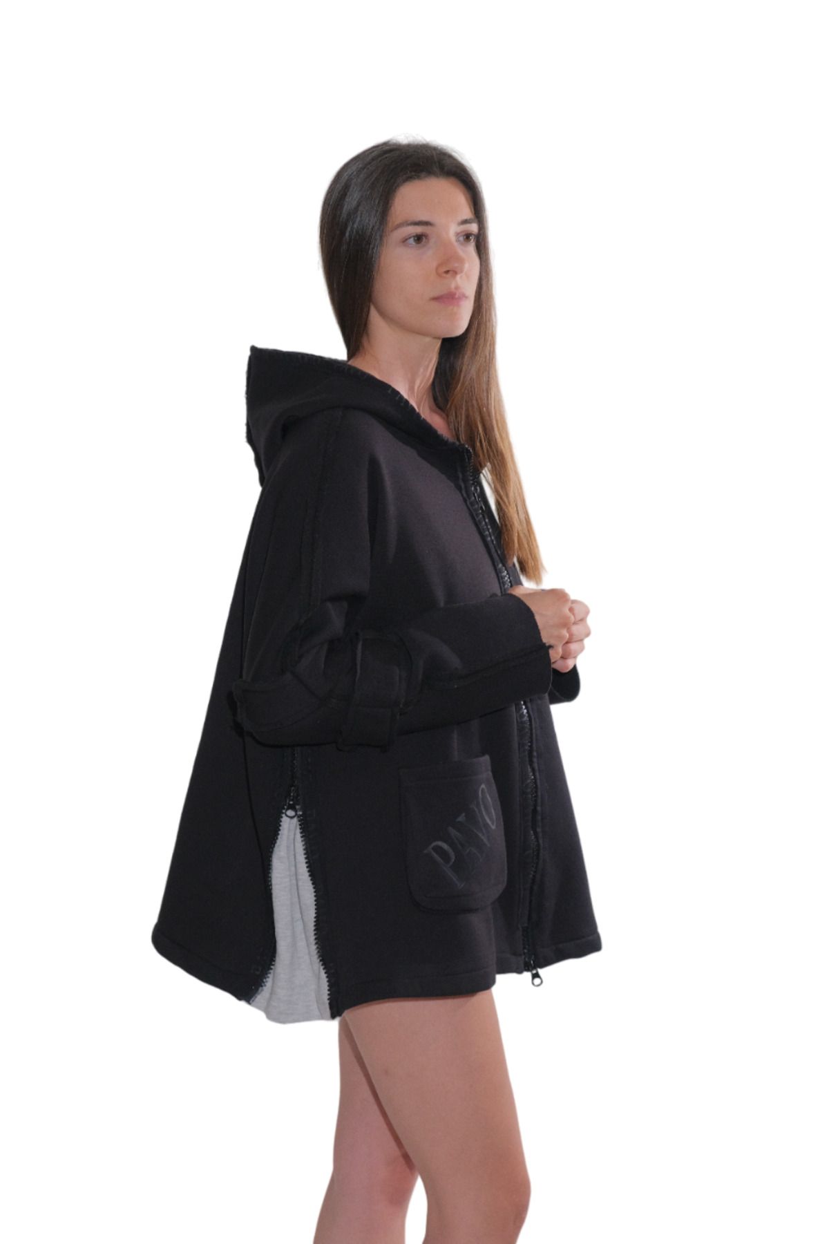 İnsa Fashion Kapüşonlu, Baskılı, Şardonlu ve Kolları Kalın Şerit Detaylı, Siyah Oversize Sweat Hırka