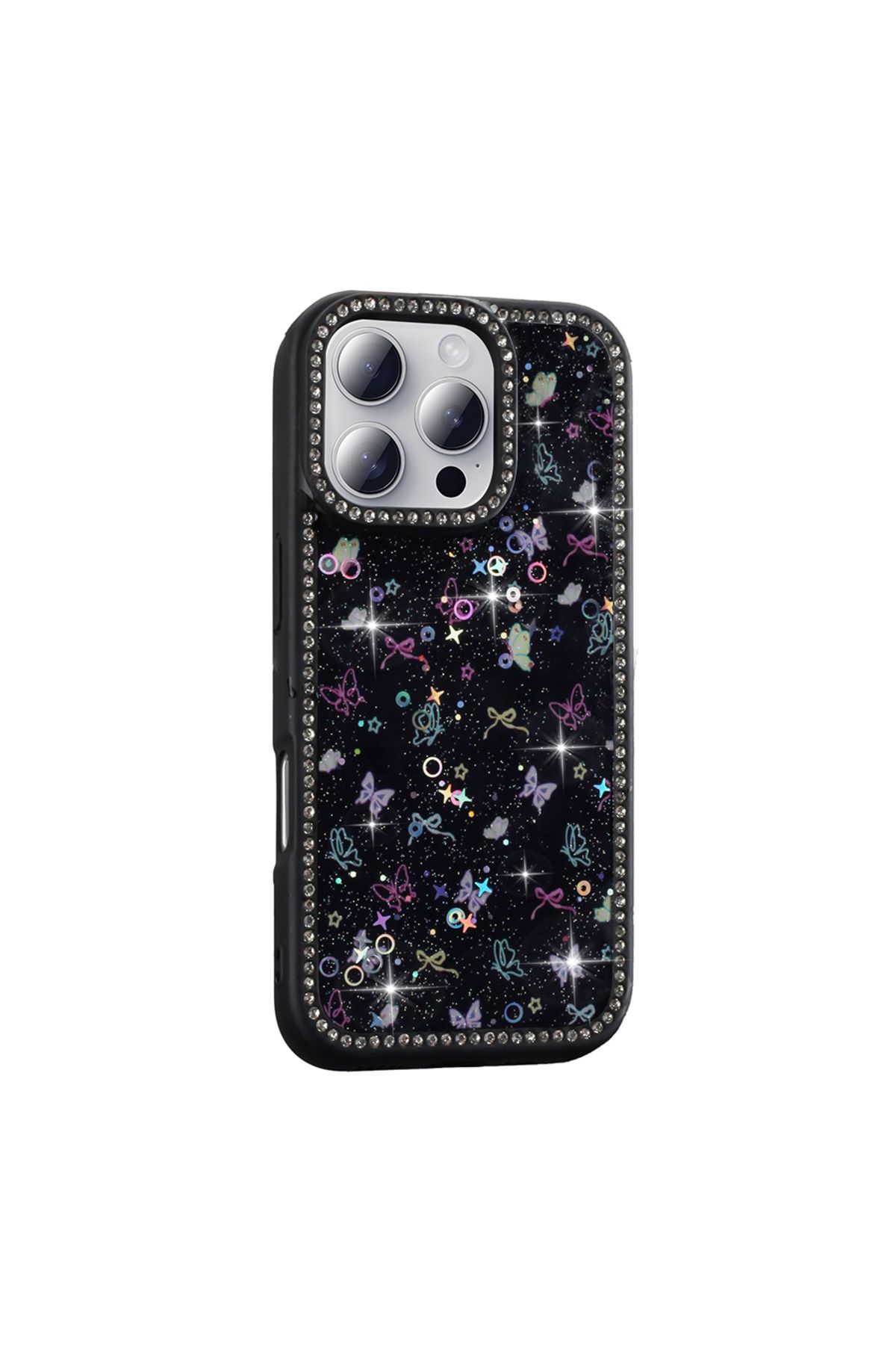 Gpack iPhone 16 Pro uyumlu Kılıf Simli ve Taşlı Dizayn Azra Kapak Siyah