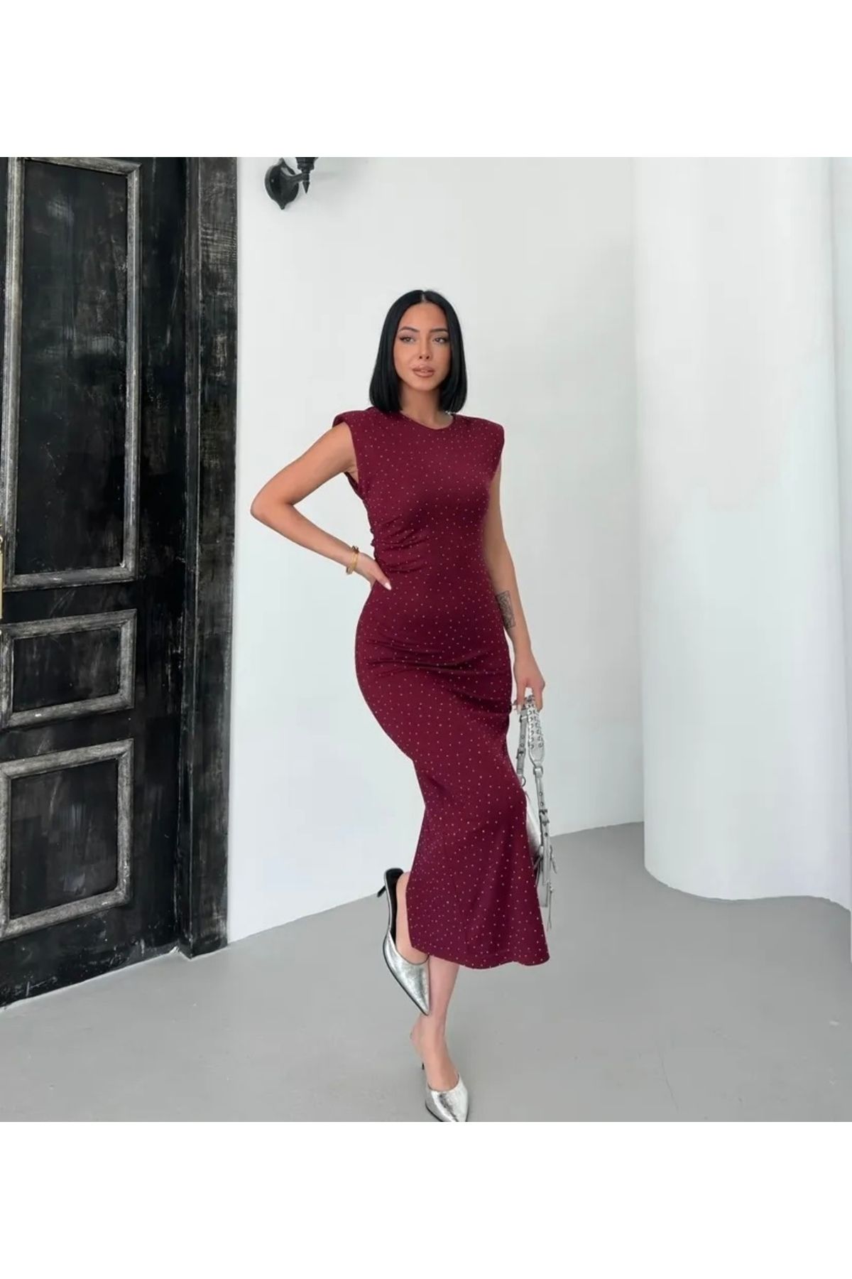 TrendyFashion Kadın Lacivert Modal Kumaş Yandan Bağlama Detay Yırtmaçlı Elbise