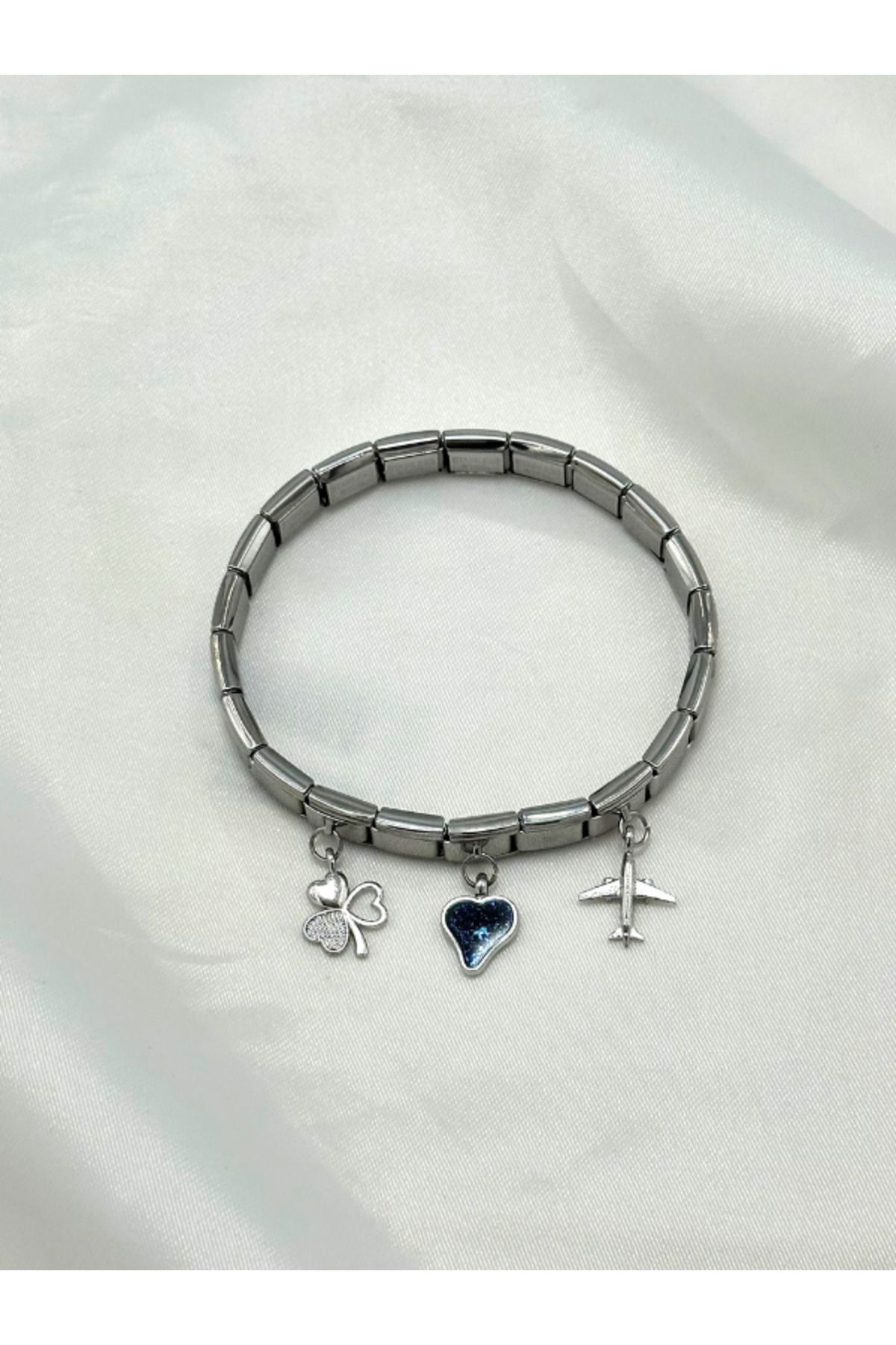 Lav Aksesuar İtalyan Charm Bileklik - 3 Figürlü Yonca Kalp Uçak - Mavi Mineli Çelik Sallantılı Bileklik
