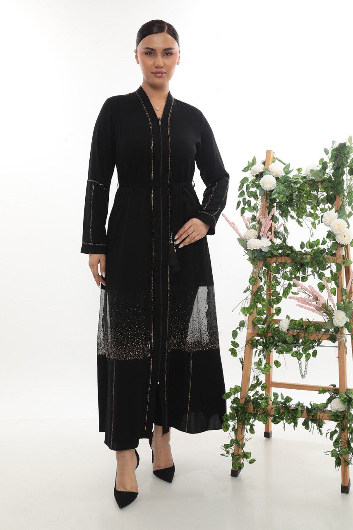 MÜHTEŞEM TEKSTİL Fermuarlı Taş Detaylı Abaya