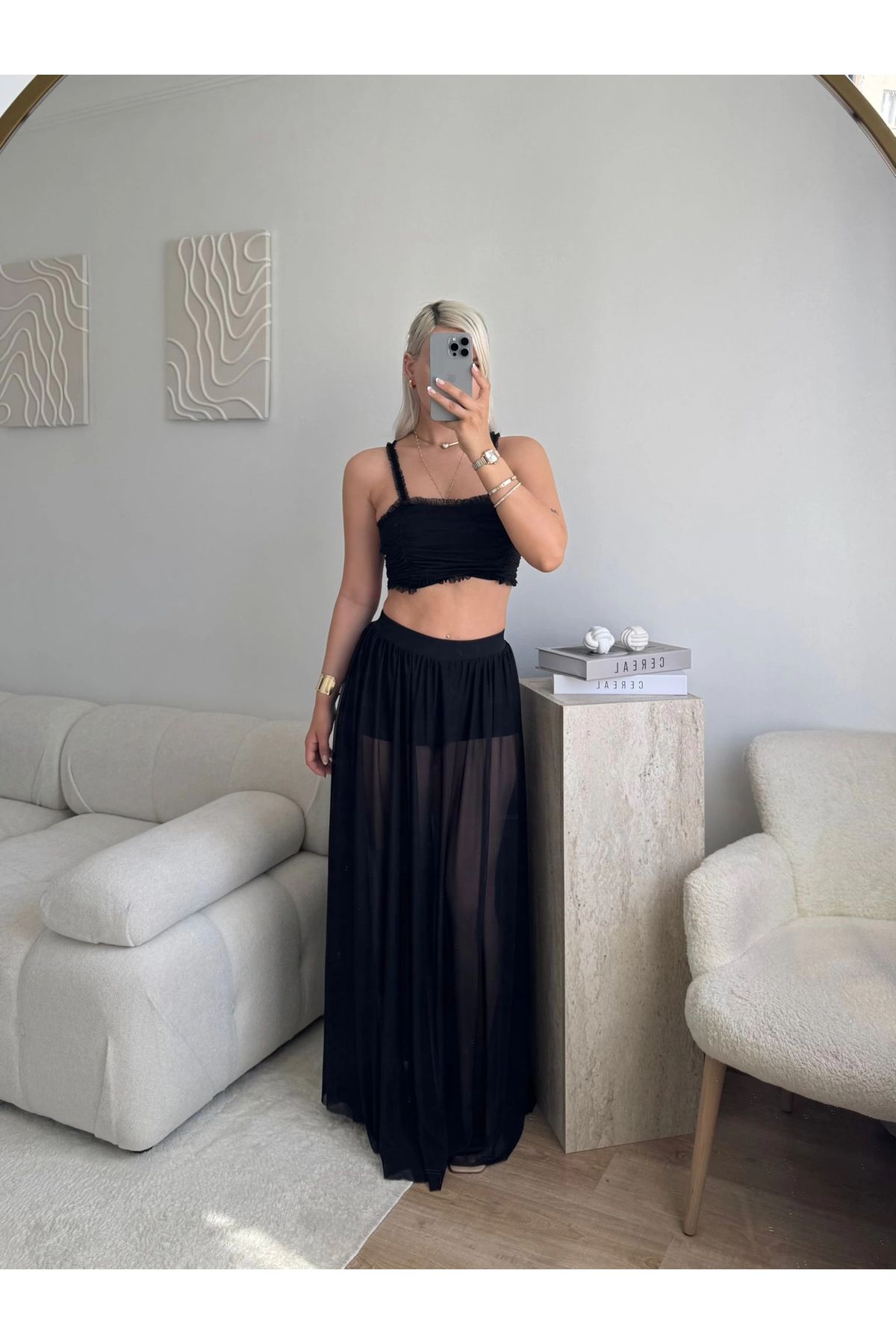 Zora Butik Tül Etek Kare Yaka Crop Takım - SİYAH