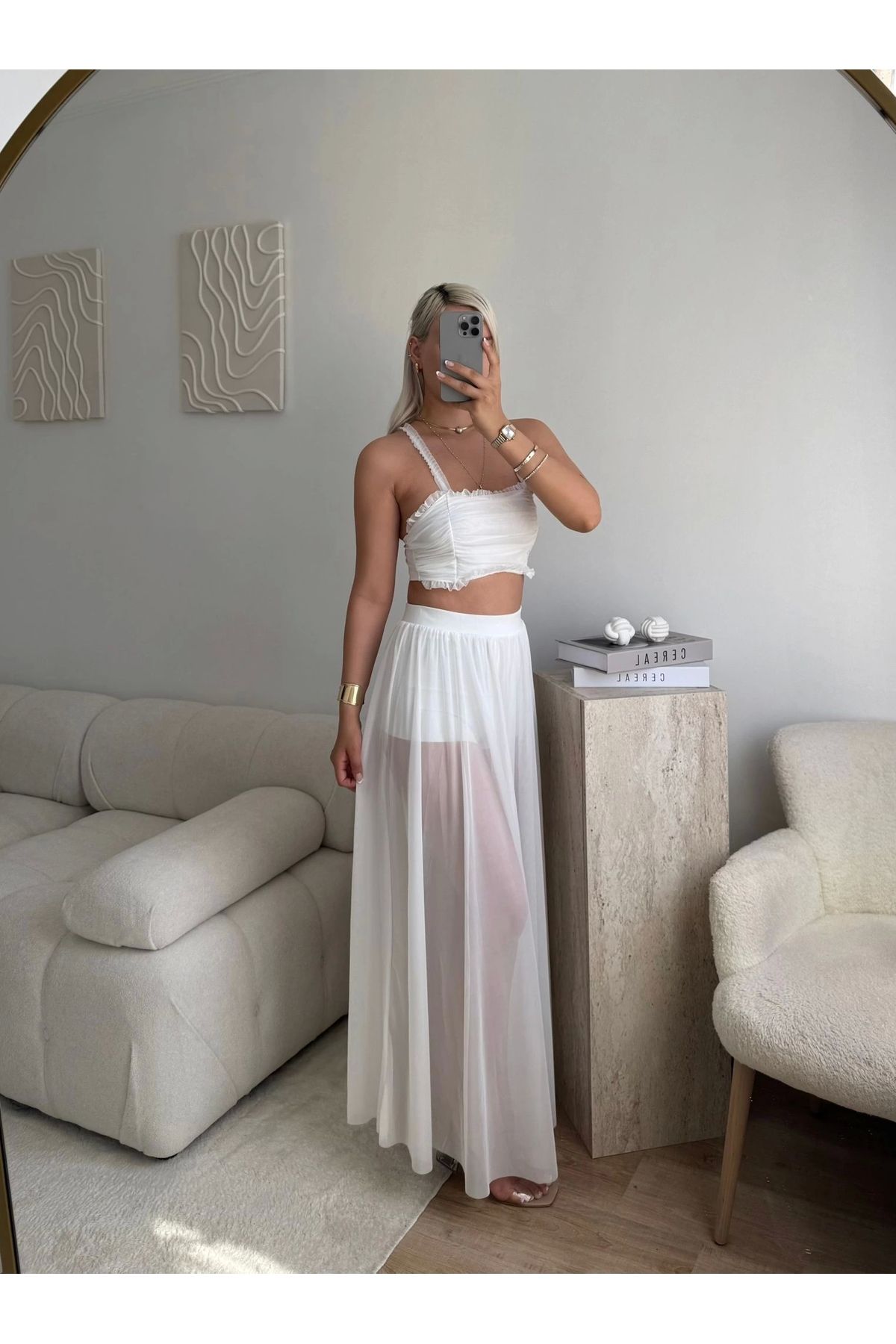 Zora Butik Tül Etek Kare Yaka Crop Takım - BEYAZ