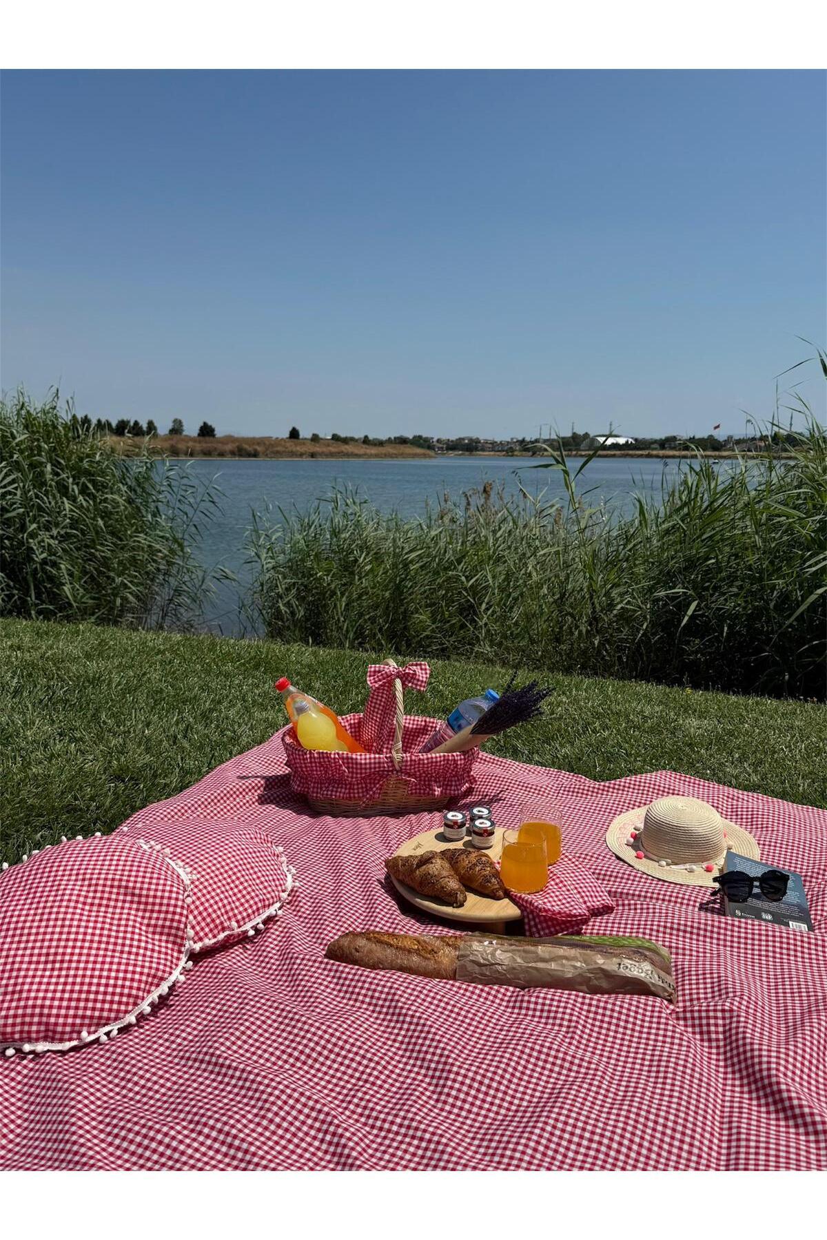 AYDER HOME-Red Checkered Picnic Mat, 6 Piece Picnic Set with Wicker Basket 3