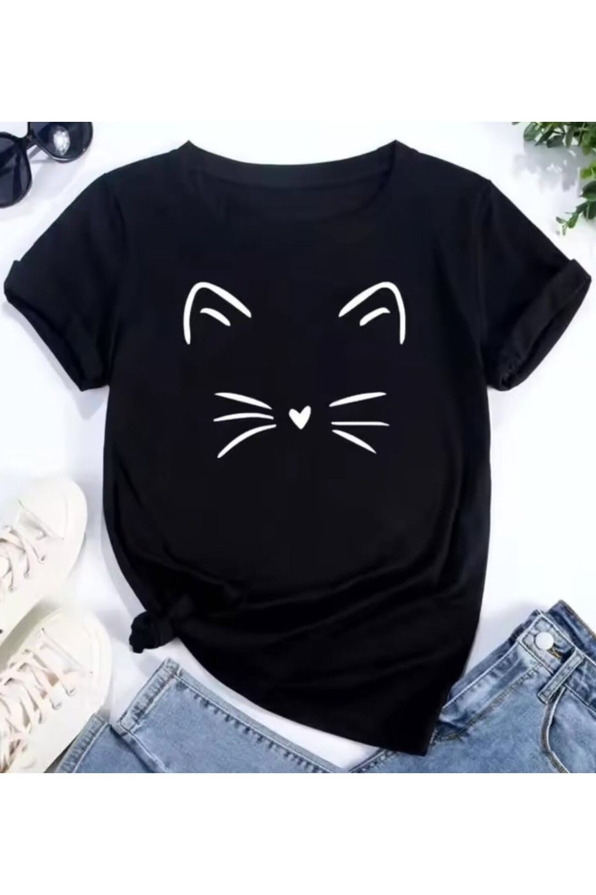 benimcombinim Kadın Kedi Bıyık Baskılı Oversize Pamuklu Bisiklet Yaka T-Shirt tişört