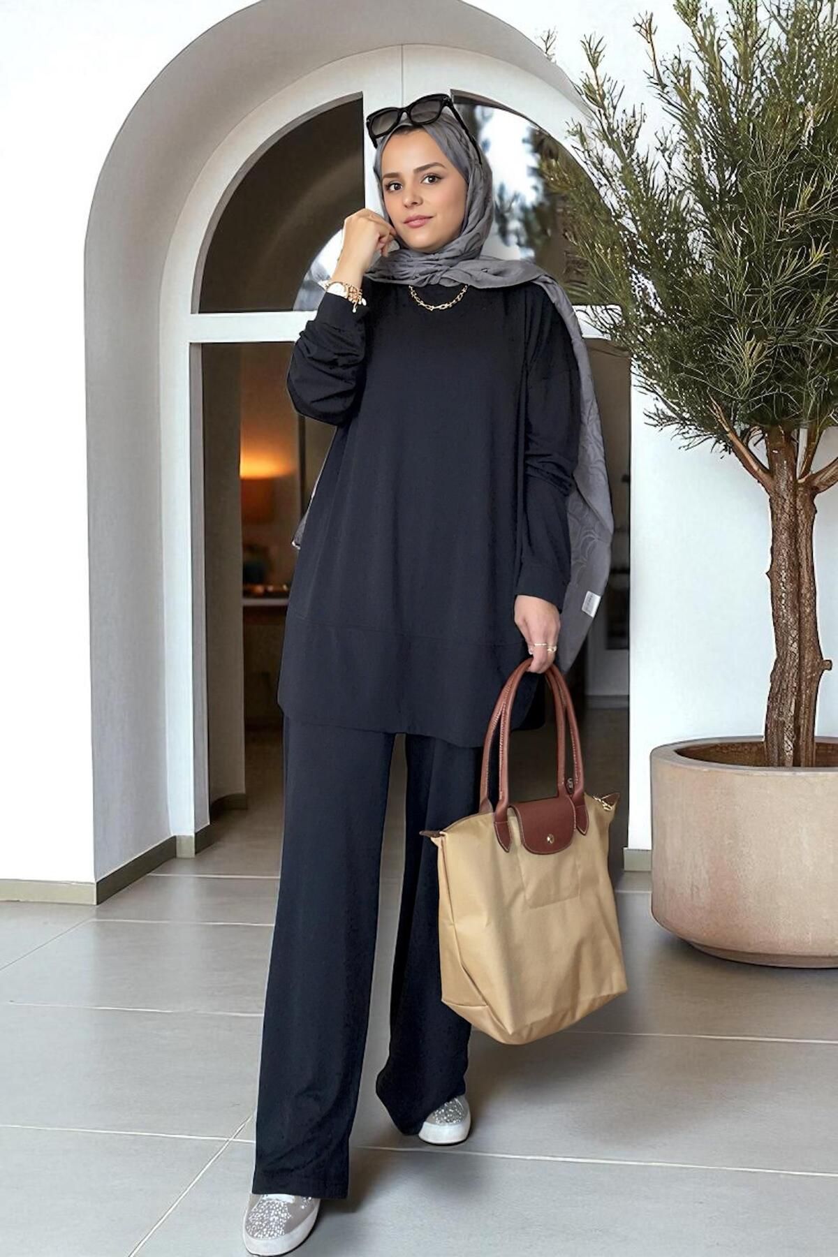 Aselim Hijap Moda Serinsoft Yazlık İkili Takım - Cepli Pantolon & Dökümlü Tunik 36-48 beden Siyah