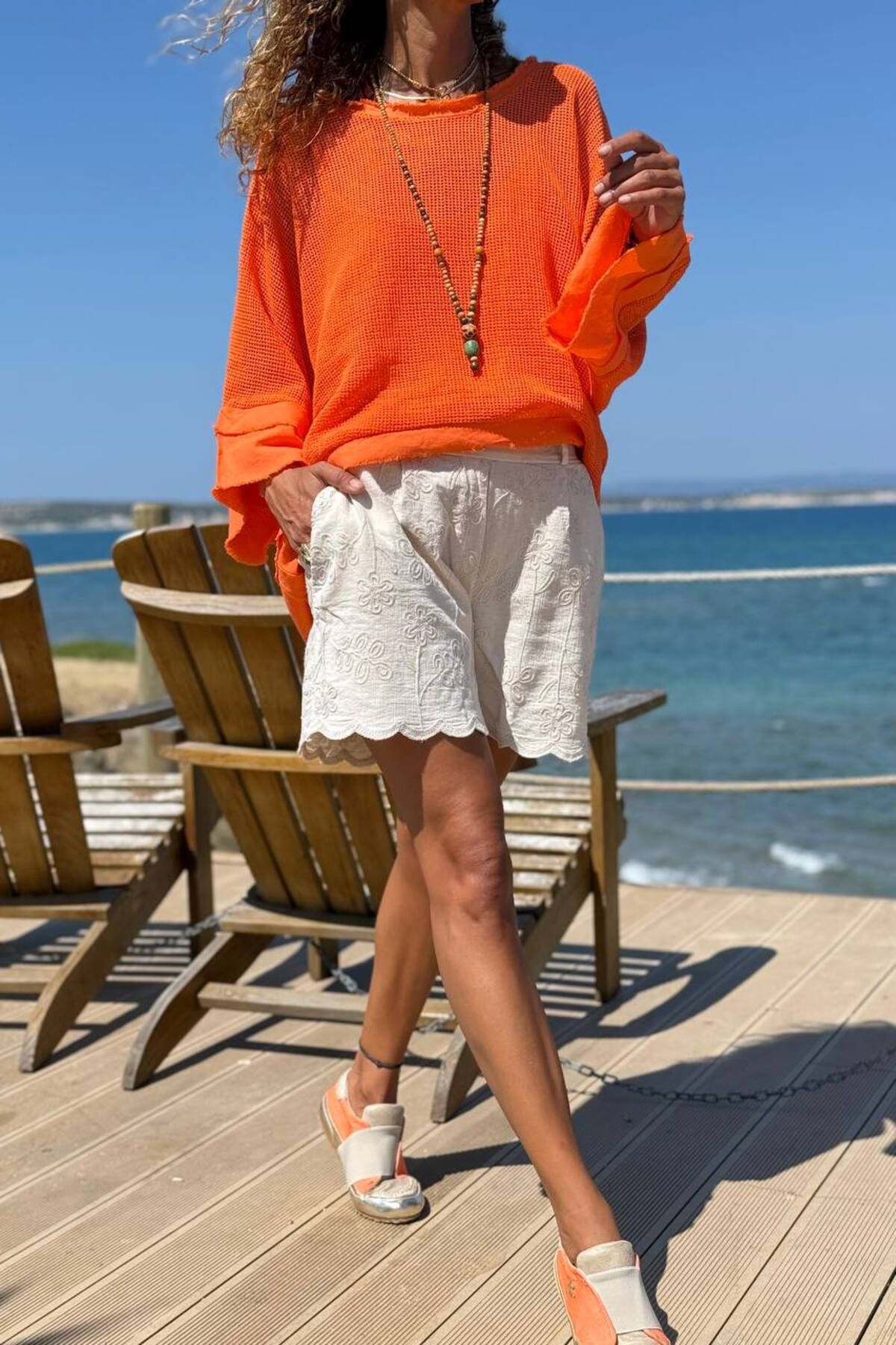 Güneşkızı-Beige Pocket Washed Skirt Hem Eye Embroidered Cotton Woven Shorts 35 35 2