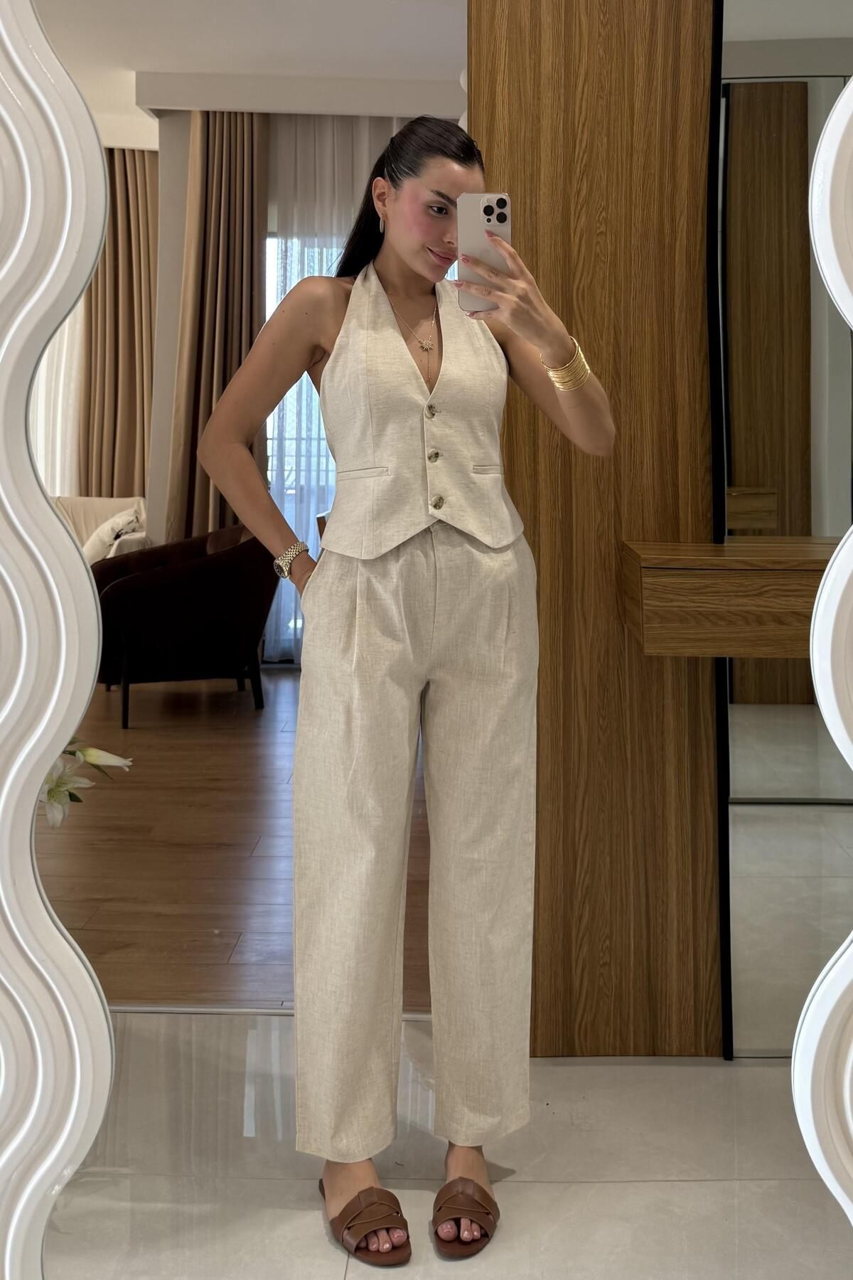 Gizem Ecemiş Myles Natural Kemerli Premium Keten Takım