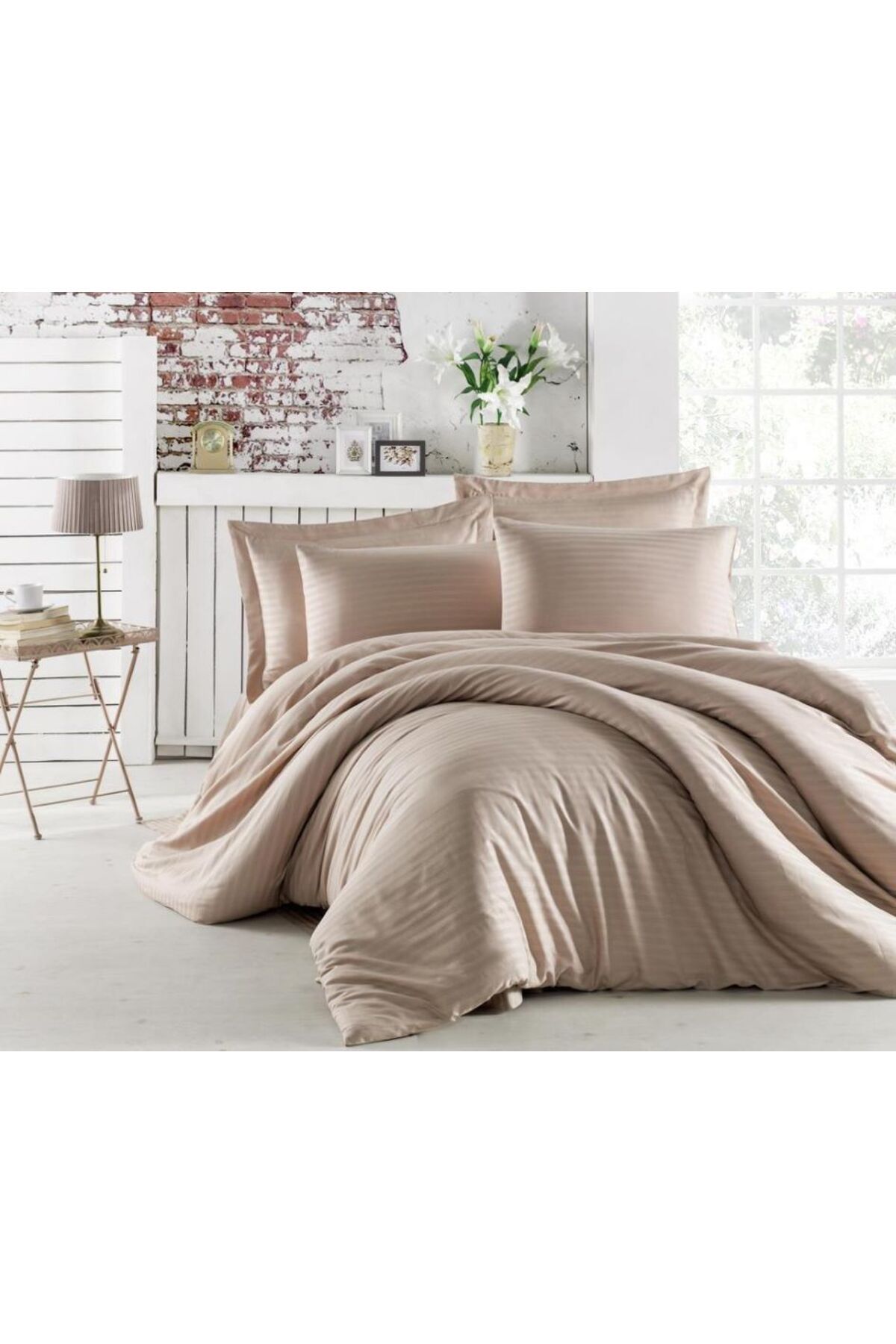 GİNETEKS SÜTLÜ KAHVE ÇİZGİLİ SATEN NEVRESİM TAKIMI PAMUKLU ÇİFT KİŞİLİK (duvet cover set)