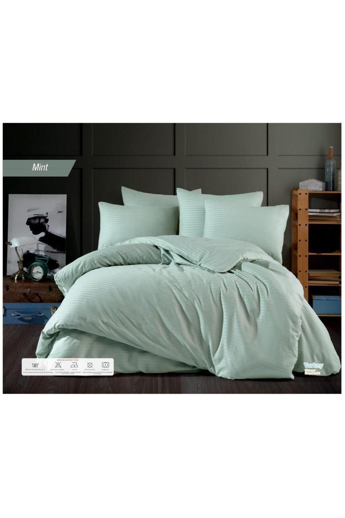 GİNETEKS MİNT YEŞİLİ ÇİZGİLİ SATEN NEVRESİM TAKIMI PAMUKLU ÇİFT KİŞİLİK (duvet cover set)
