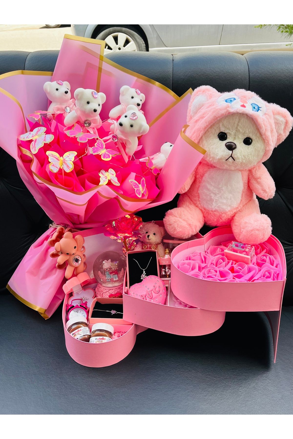 HEDİYEVİM Pembe 3 katlı hediye kutusu puffy hug hediye seti