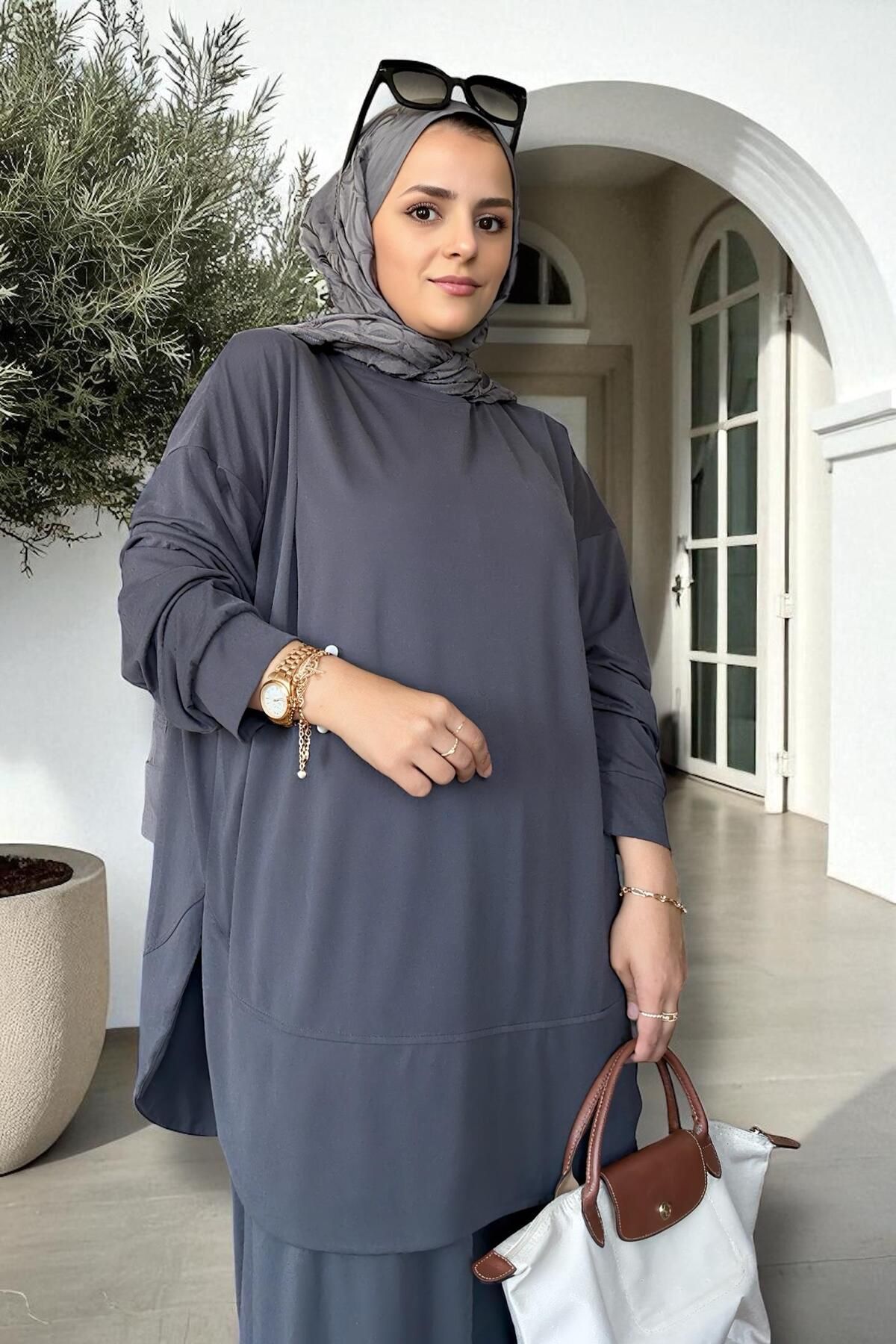 Aselim Hijap Moda Serinsoft Yazlık İkili Takım - Cepli Pantolon & Dökümlü Tunik 36-48 beden Gri
