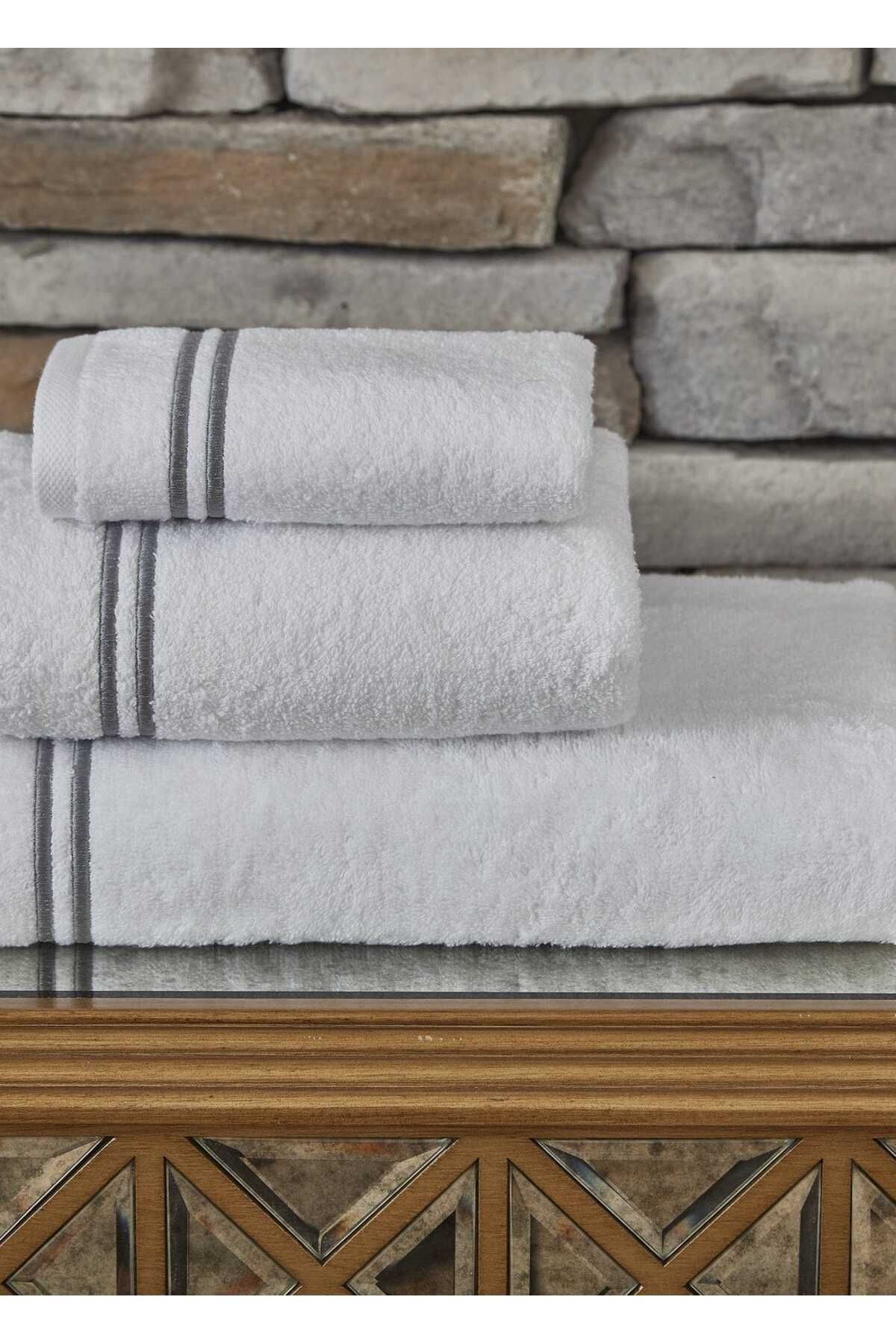 MOTİF HOME COLLECTİON PAMUK NAKIŞLI 3 PARÇA BANYO HAVLU SETİ - BEYAZ