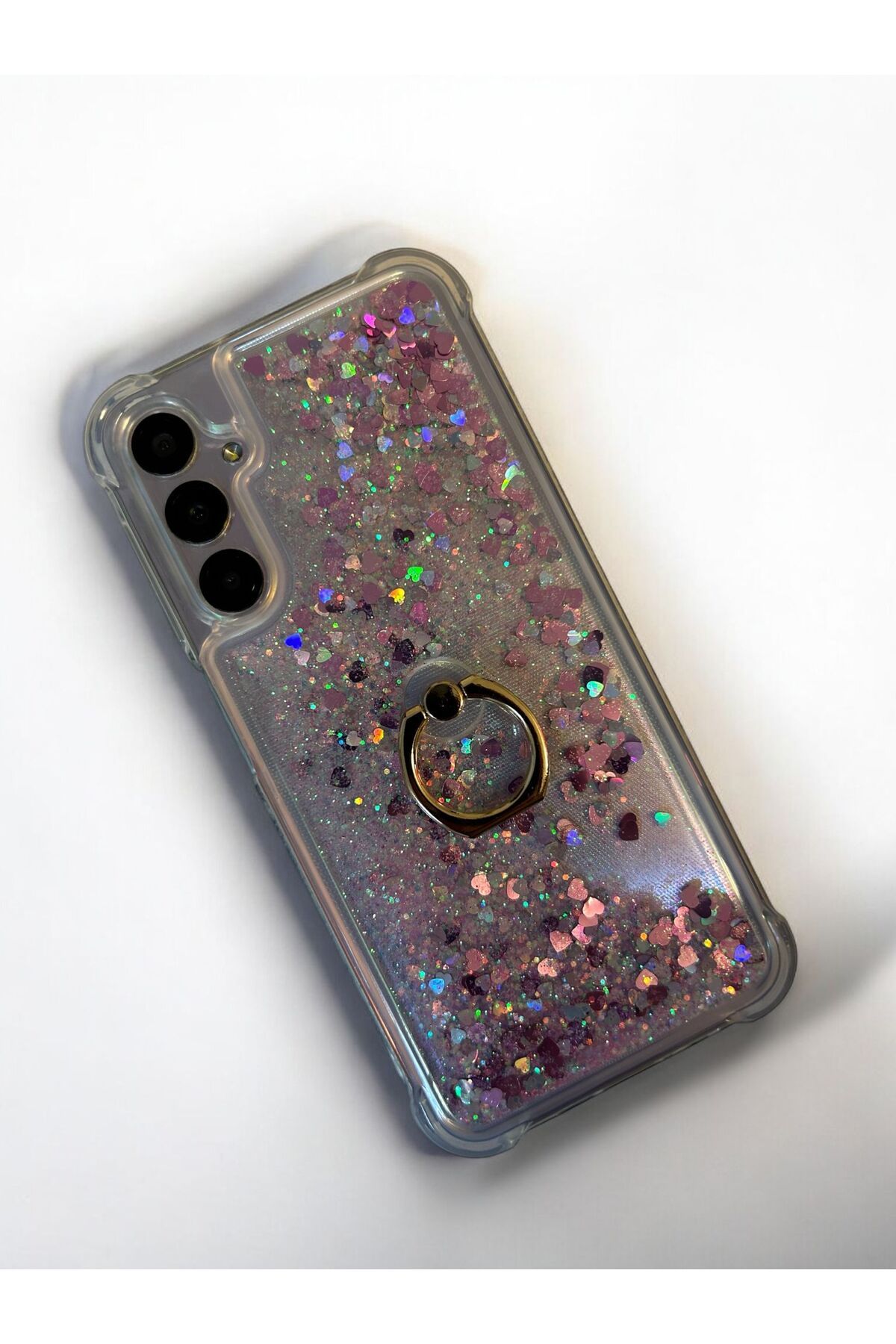 Merwish Samsung Galaxy A34 Uyumlu Sulu Simli Yüzüklü Standlı Parlak Silikon Kılıf Pembe