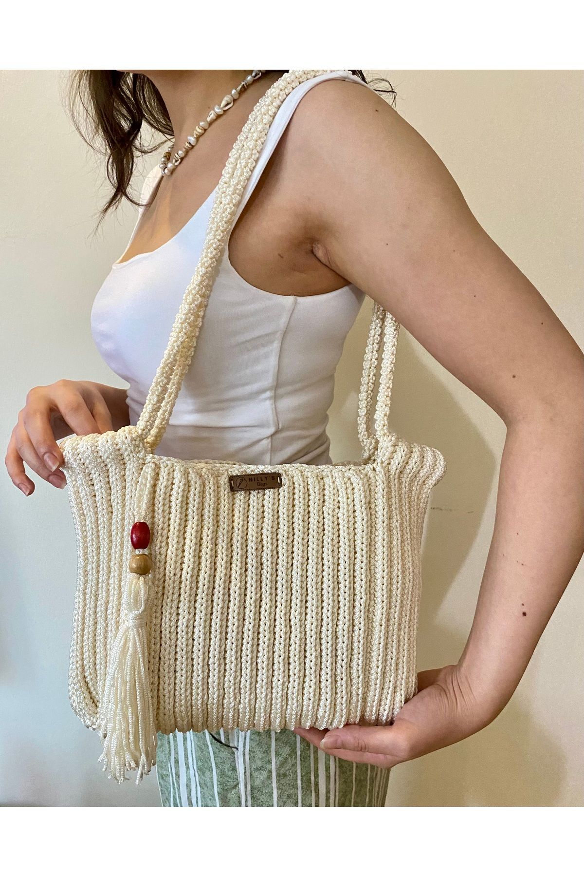 Nillys Kadın Polyester Makrome Aksesuarlı Örgü Omuz Çantası (31x23)