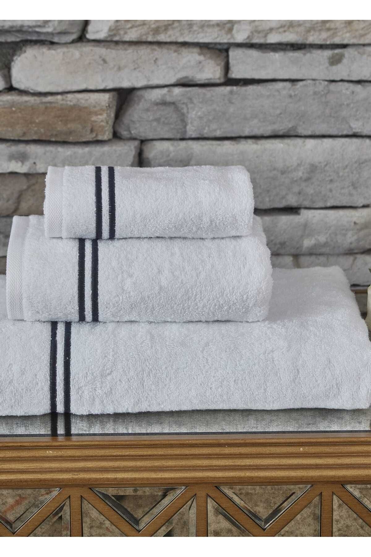 MOTİF HOME COLLECTİON PAMUK NAKIŞLI 3 PARÇA BANYO HAVLU SETİ - BEYAZ
