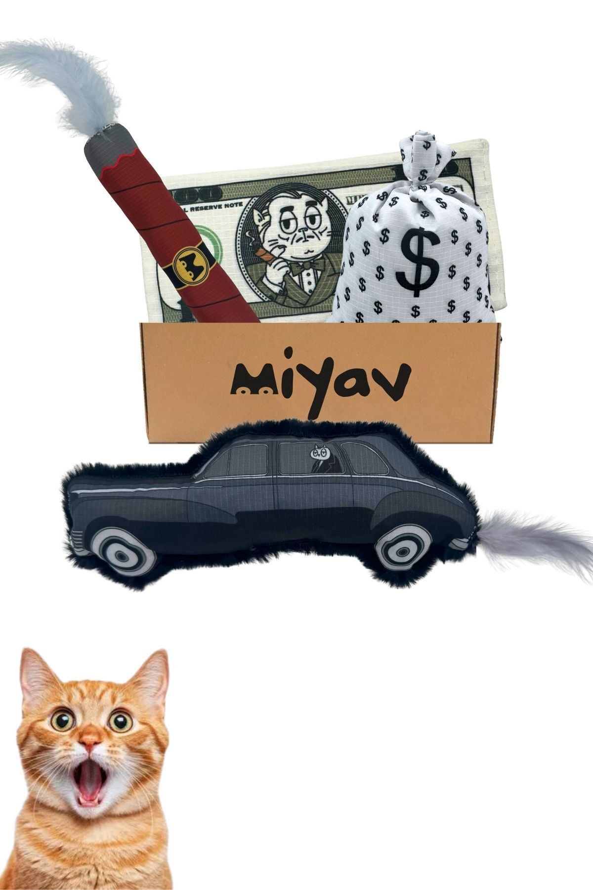 Miyav Mafyatik Miyavlar 4’lü Sesli Peluş Kedi Oyuncak Seti – Araba, Puro, Dolar, Para Çuvalı