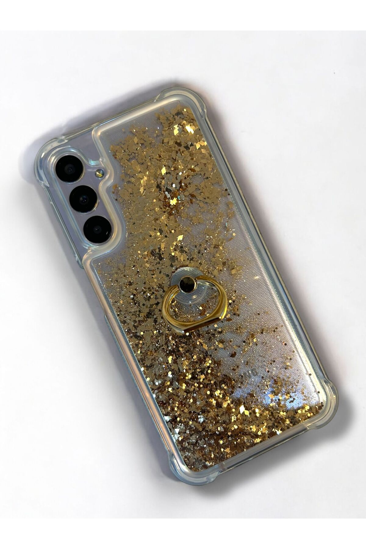 Merwish Samsung Galaxy A34 Uyumlu Sulu Simli Yüzüklü Standlı Parlak Silikon Kılıf Gold
