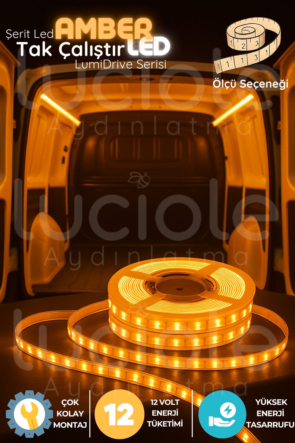 luciole LumiDrive 1m Amber 12V Şerit LED – Araç İçi Sıcak Turuncu Işık, Kesilebilir, Yapışkanlı, Kablolu