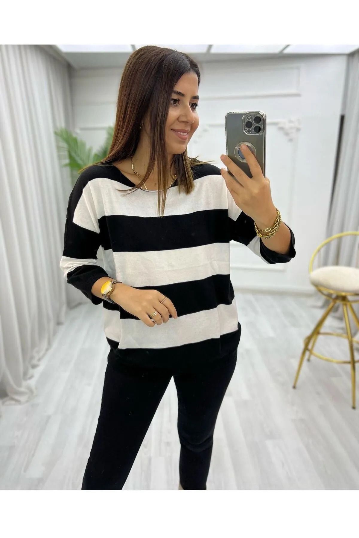 Damlabutiks Kadın Kalın Şerit Çift Renk Pamuklu Triko Bluz
