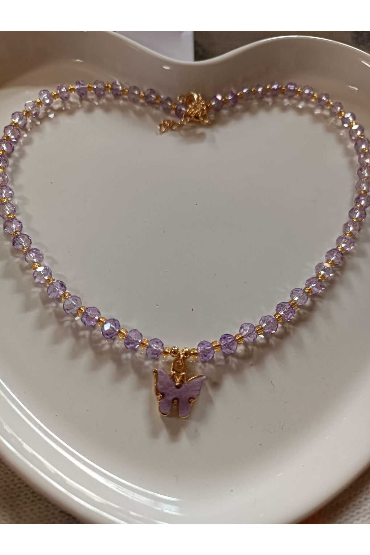 Fata Morgana Accessory Kelebek Uçlu Lila Kristal Boncuk Kolye