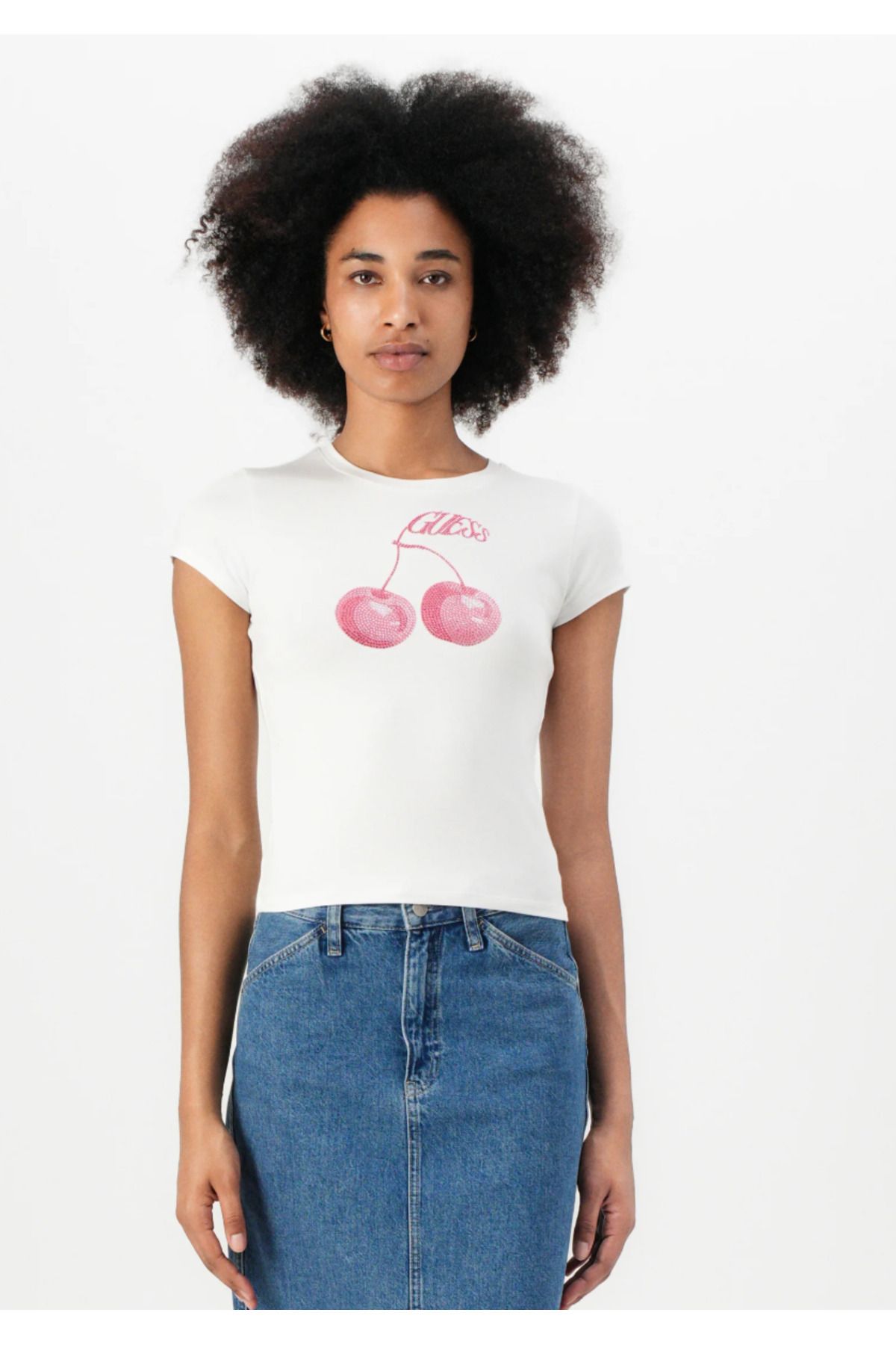 LAYORA Kadın Beyaz Slim Fit Tişört - Cherry Baskılı 'Gliss' Yazılı