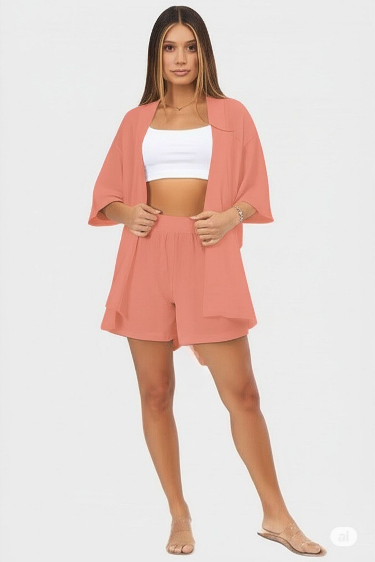 NO 601 Kadın Somon Pembe Bürümcük Kimono Yelek Şort Alt-üst Takım