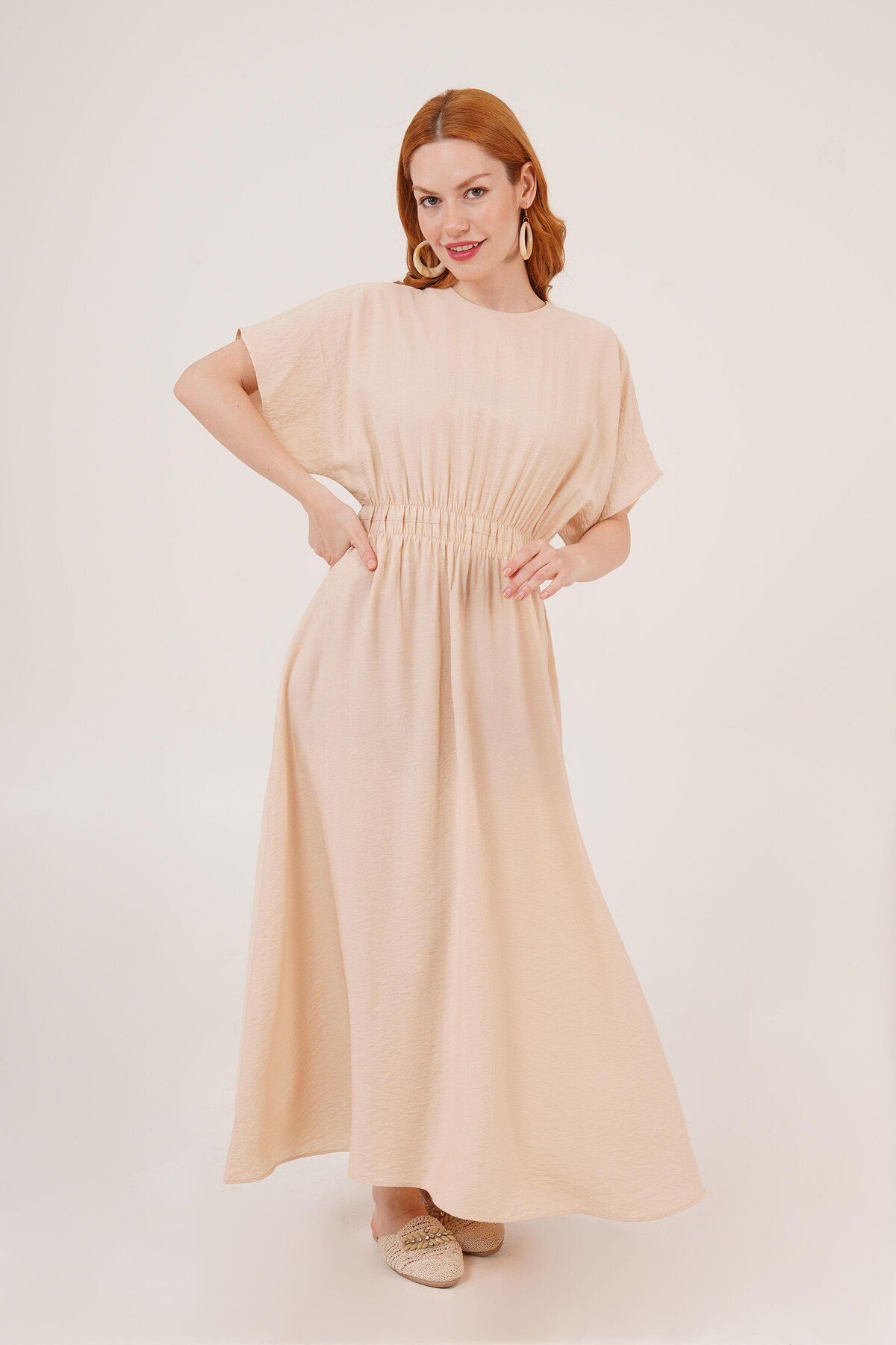 Castivo Fashion Bel Lastikli Yarasa Kol Viskon Maxi Elbise