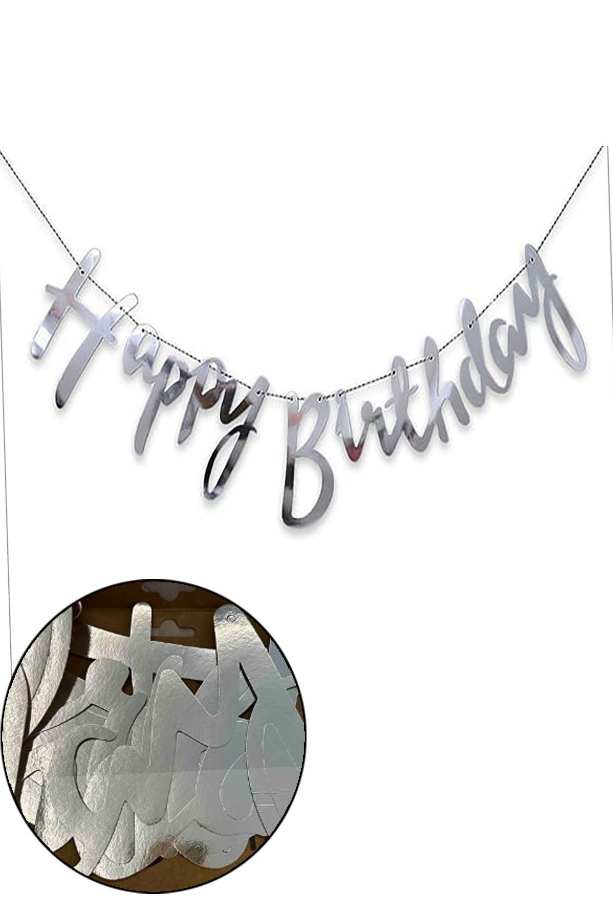 Parti dolabı Gümüş Happy Bırthday Metalik Kaligrafi Banner Yazı Parlak 130 cm