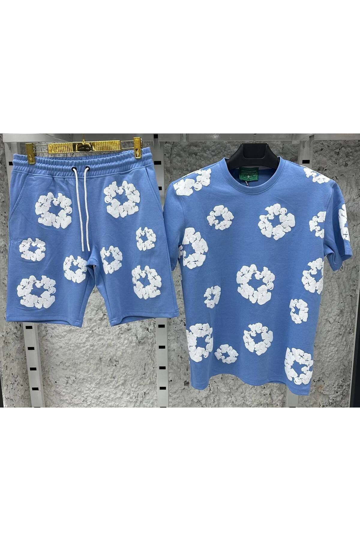 Butik Erkek Siyah Oversize Tişört & Şort Takımı - Çiçek Desenli