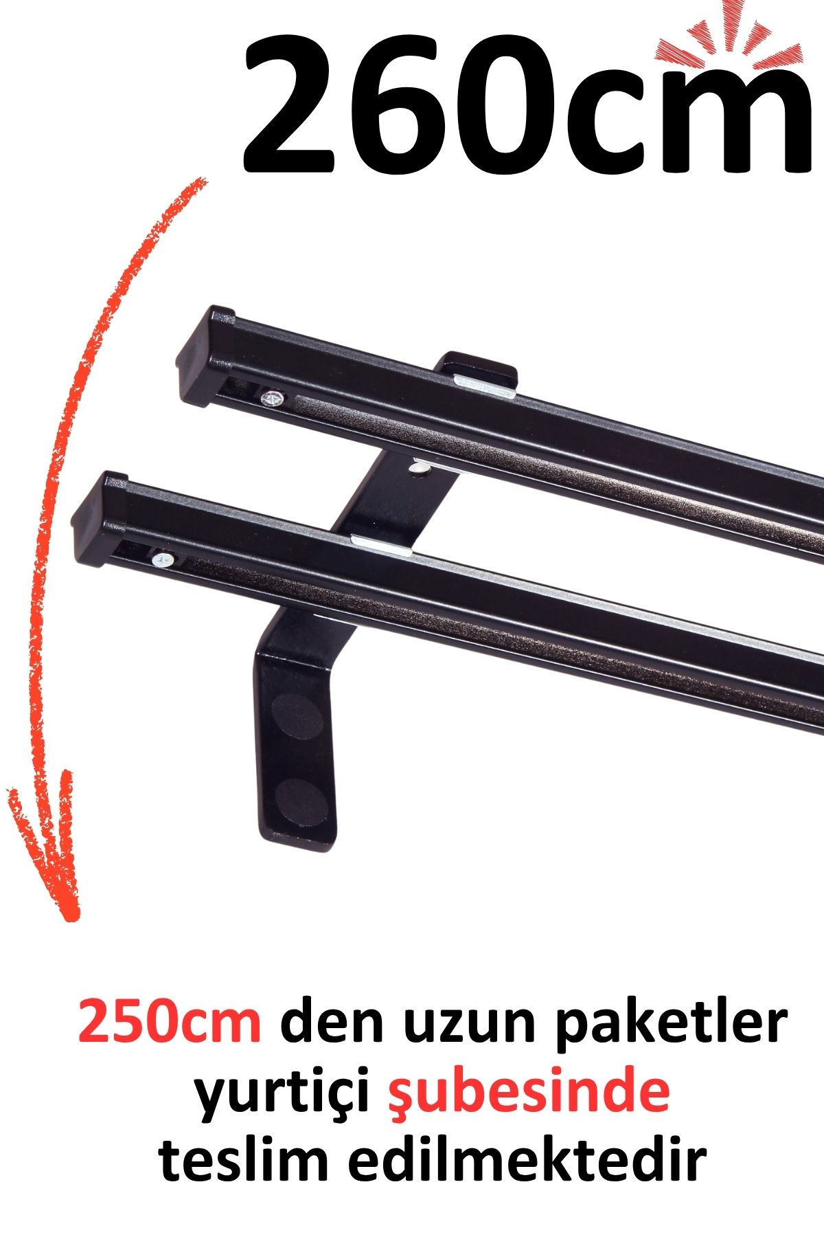 İzen Siyah 260cm İkili Metal Rustik (120mm) Metal L Duvar Montaj Ayaklı (19mm) Alüminyum Perde Ray Takımı