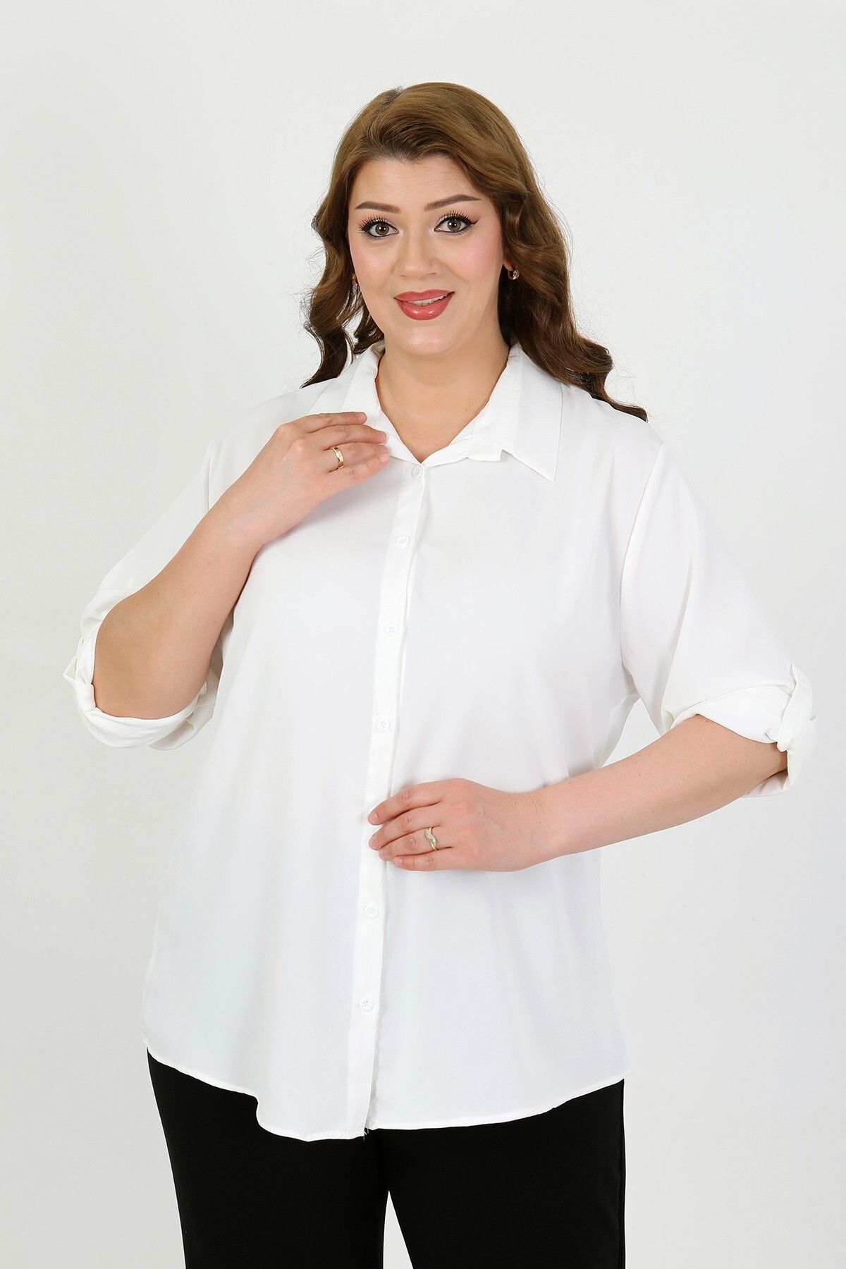 By Alba Collection KADIN BEYAZ DUBAİ KUMAŞ DÜZ RENK BÜYÜK BEDEN GÖMLEK