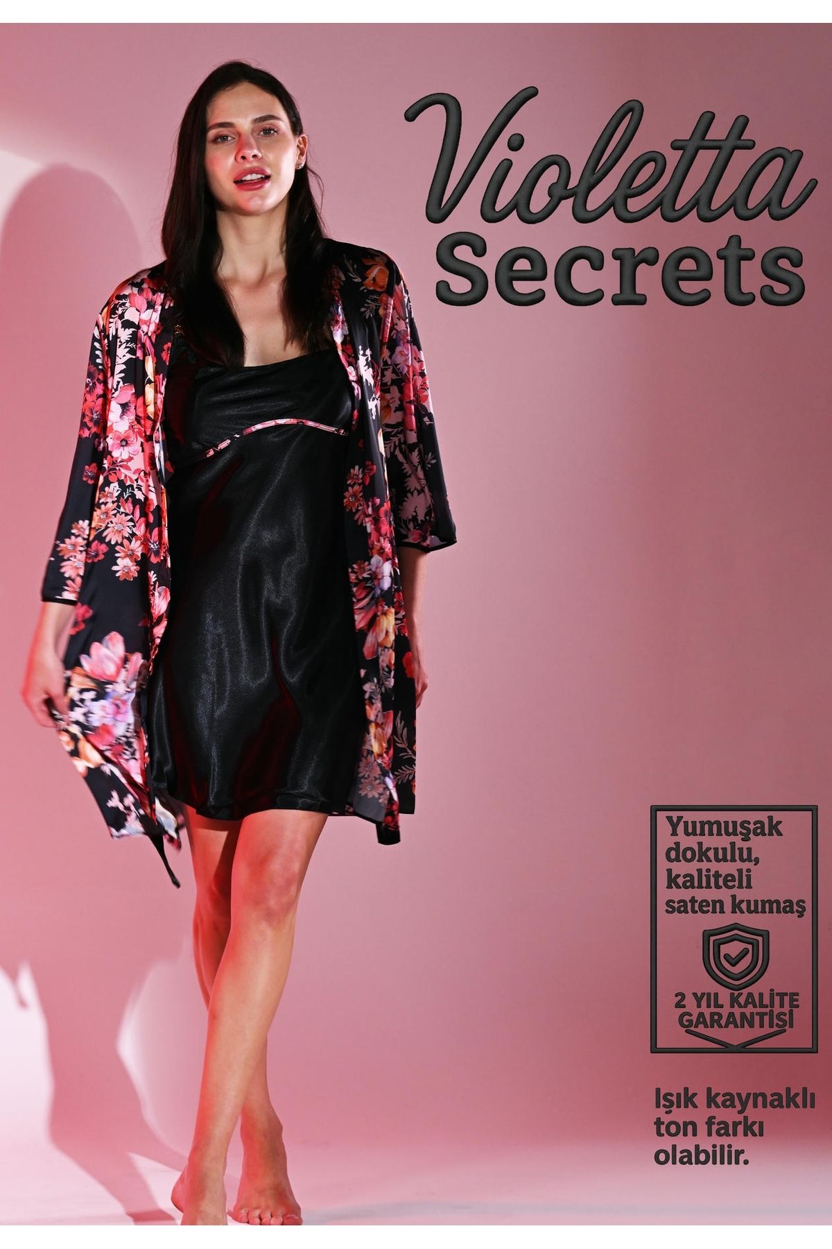 VİOLETTA SECRETS Siyah Saten Gecelik & Çiçek Desenli Sabahlık Takımı