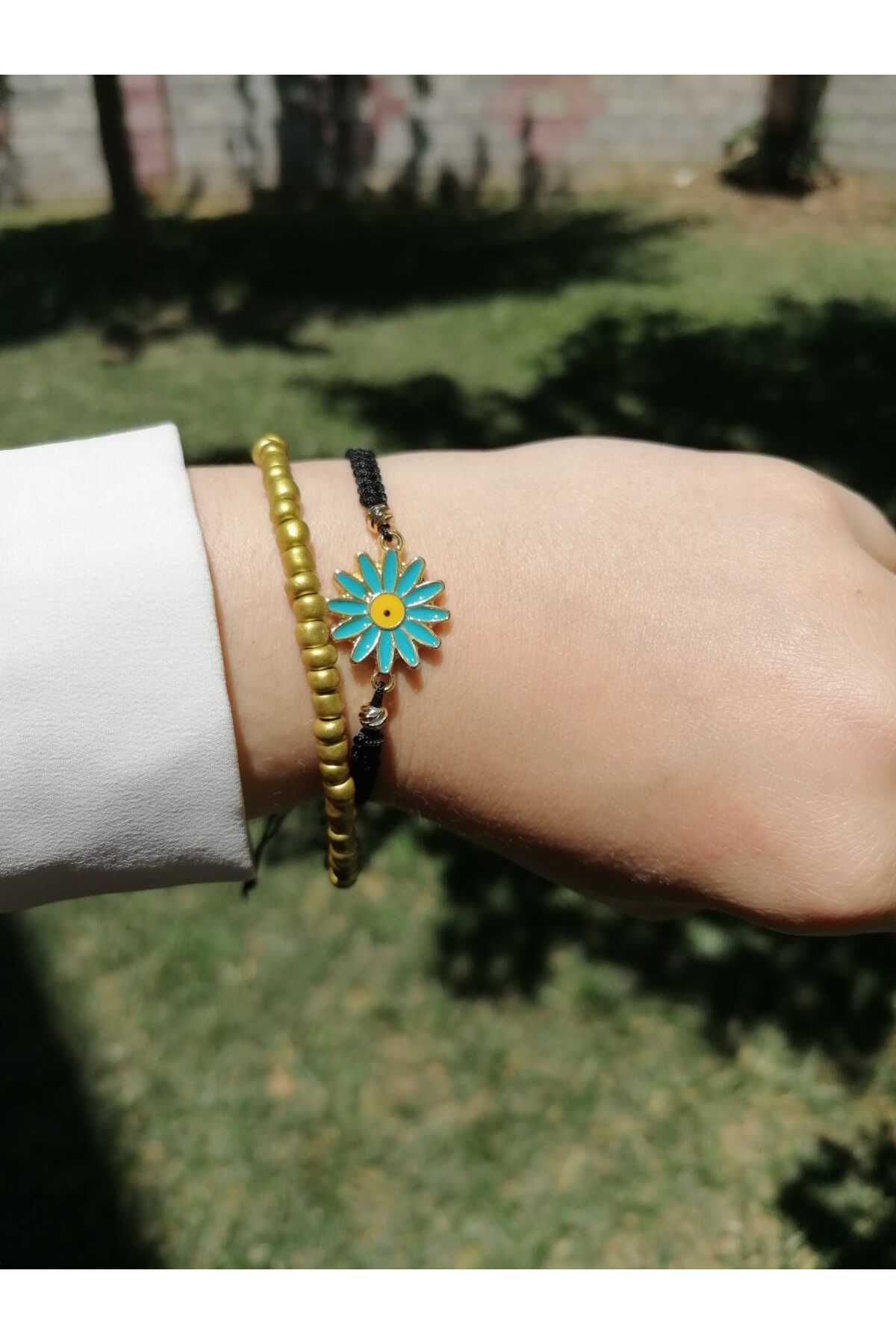 Gülbeşeker Tasarım Turkuaz Mineli Papatyalı Makrome Örme Ve Kum Boncuk Bileklik Set