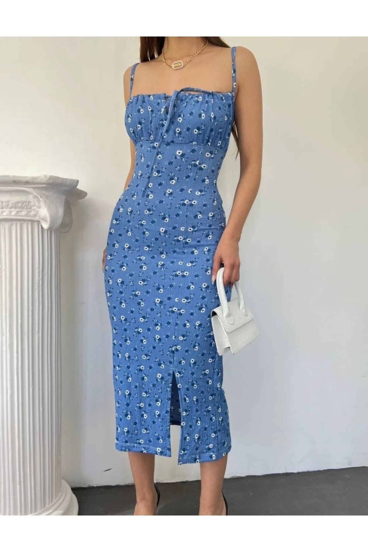 hiraz fashion ÇİÇEK DESENLİ MAVİ ELBİSE