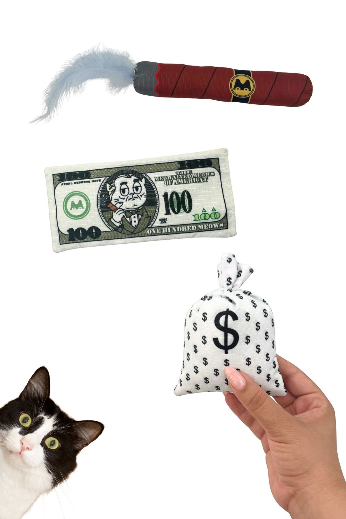Miyav 3’lü Sesli Peluş Kedi Oyuncak Seti - Hışırtılı Dolar, Çıngıraklı Para Çuvalı, Tüylü Puro