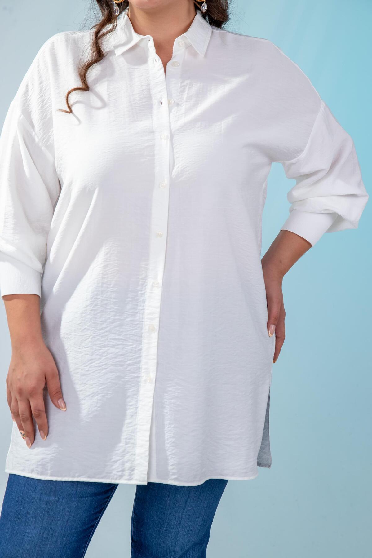 Roxxlen  2100084 210084 Kadın Büyük Beden Yanı Yırtmaçlı Gömlek Beyaz - Görsel 3