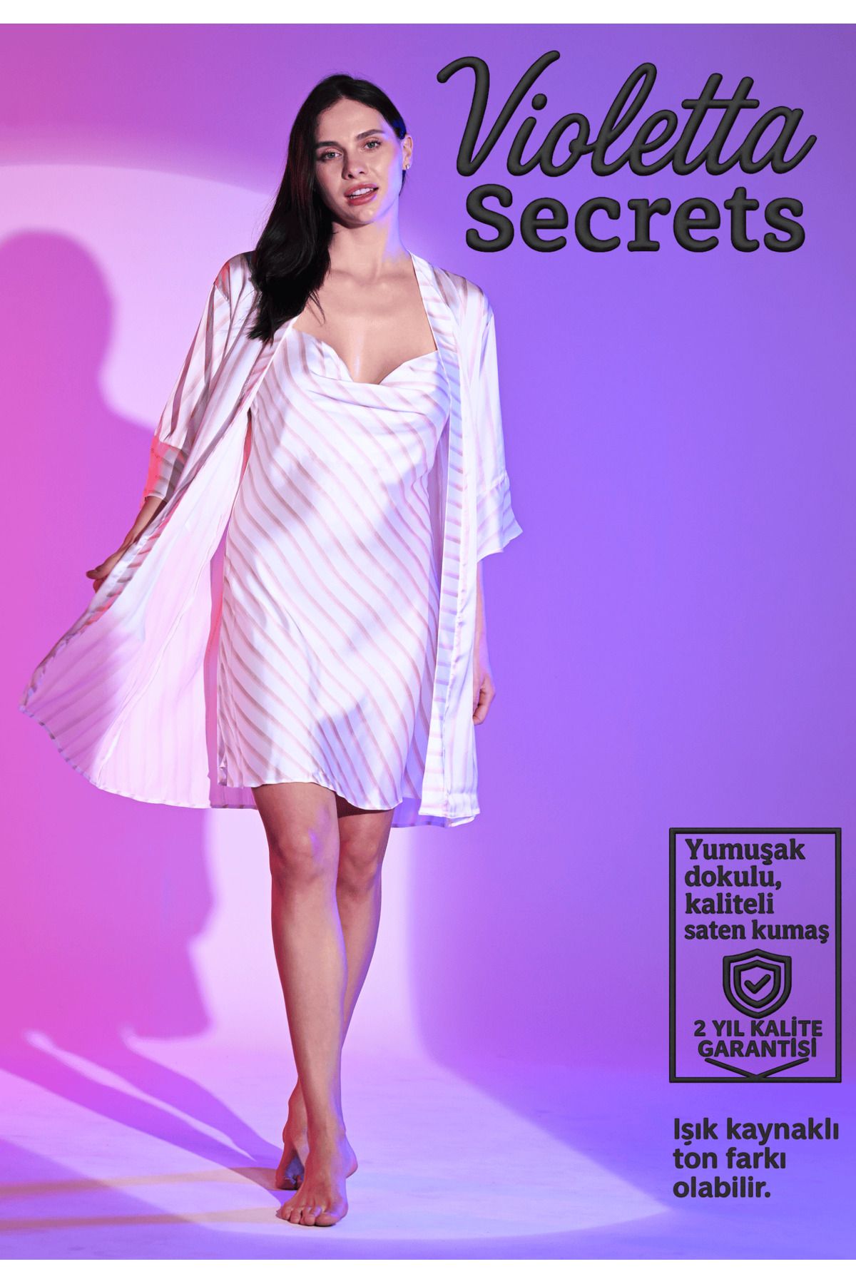 VİOLETTA SECRETS Çizgili Saten Gecelik & Sabahlık Takımı