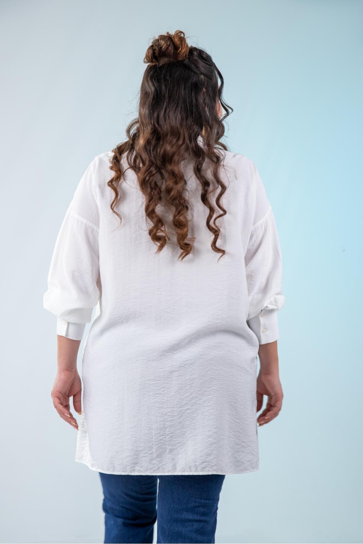 Roxxlen  2100084 210084 Kadın Büyük Beden Yanı Yırtmaçlı Gömlek Beyaz - Görsel 2