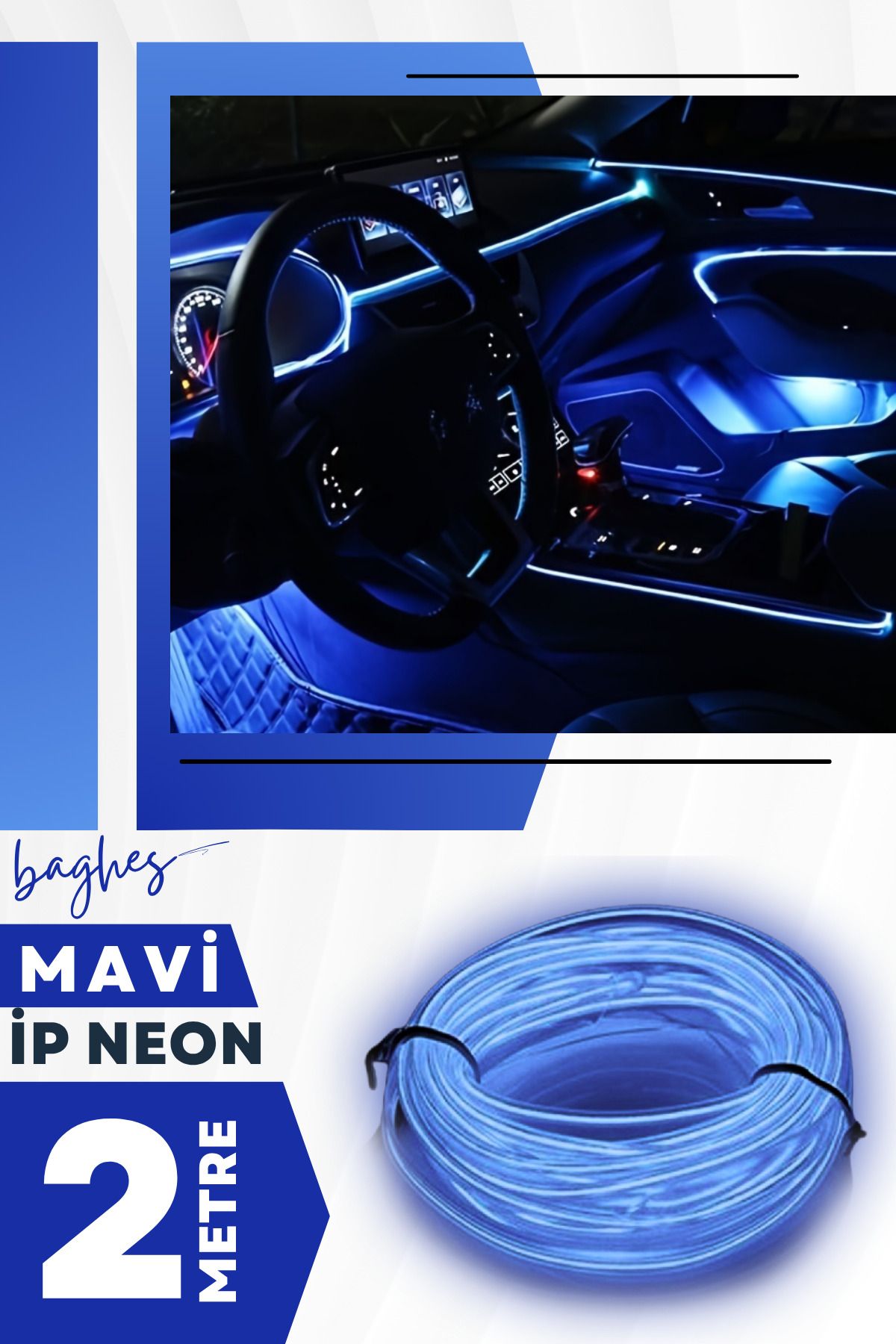 Baghes Mavi Araç İçi Torpido Neon LED Şerit – 2 Metre Mavi Işık (12V)