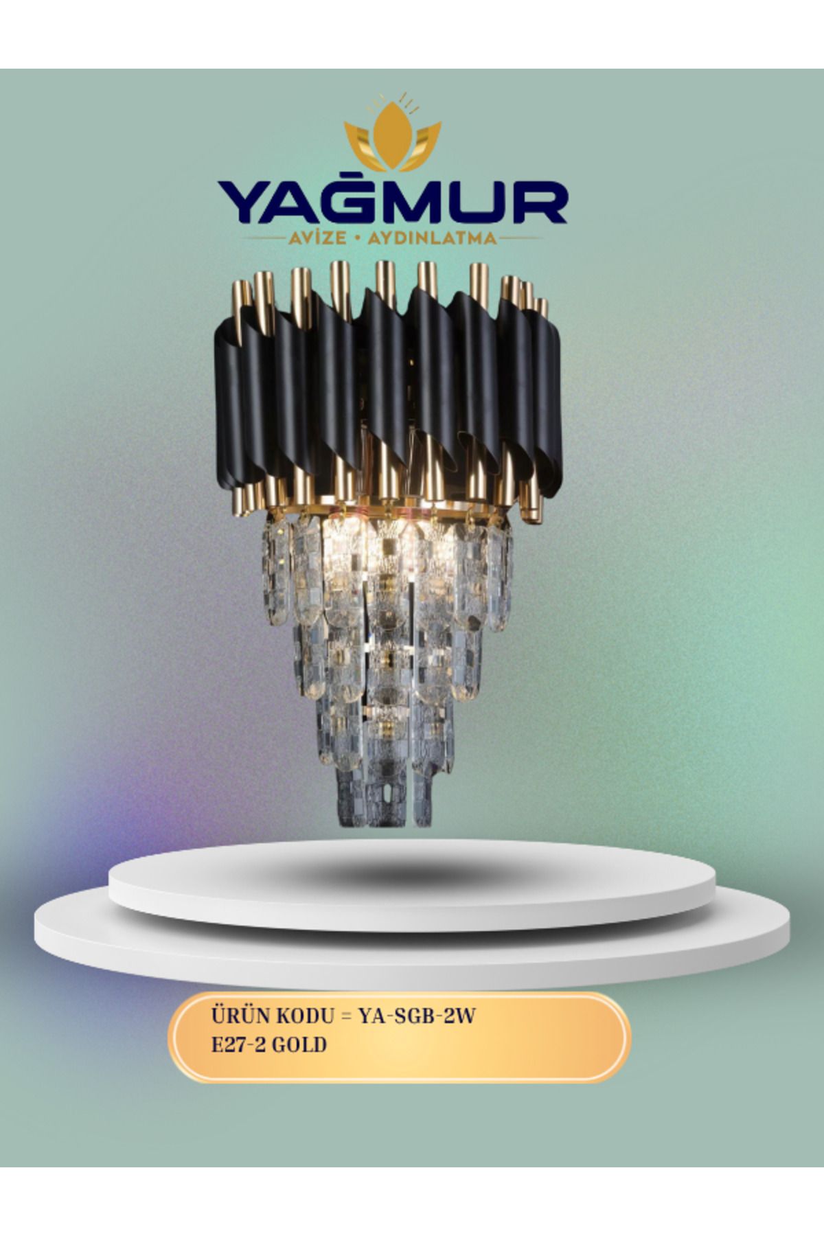 YAĞMUR AVİZE AYDINLATMA SİYAH GOLD KASA KRİSTAL TAŞLI BORULU SPOR APLİK E27